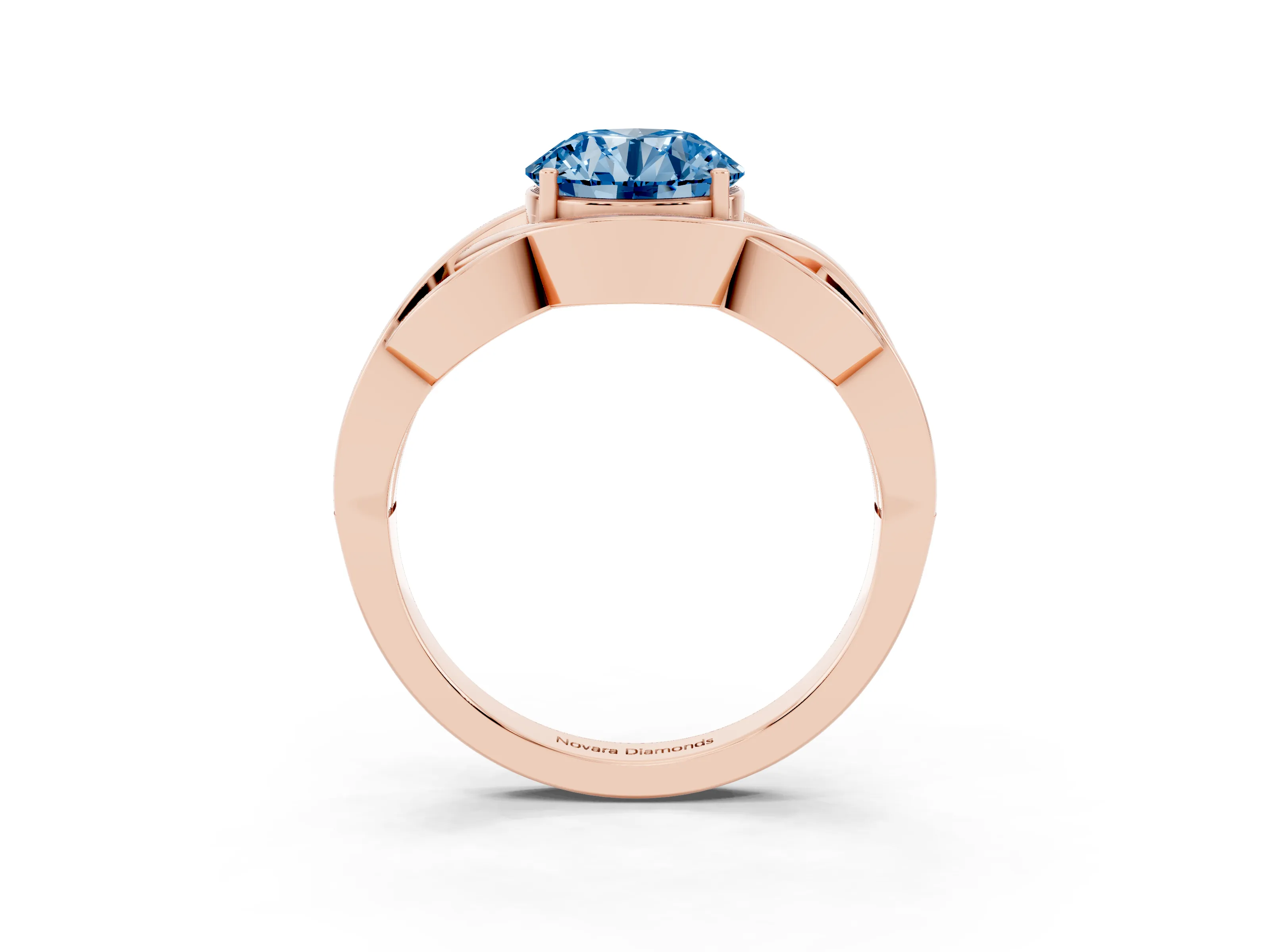 Fancy Blue Round Cut Diamond Solitaire Ring Set in Rose gold with Intertwined Band