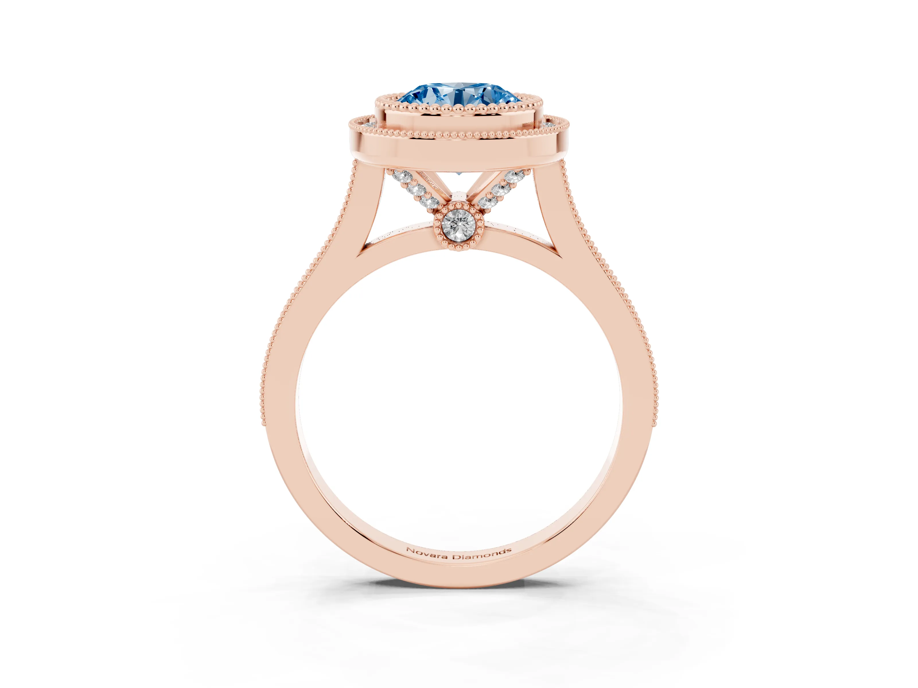 Fancy Blue Round Cut Diamond Halo Ring Set in Rose gold with Milgrain Frame and Pavé Band