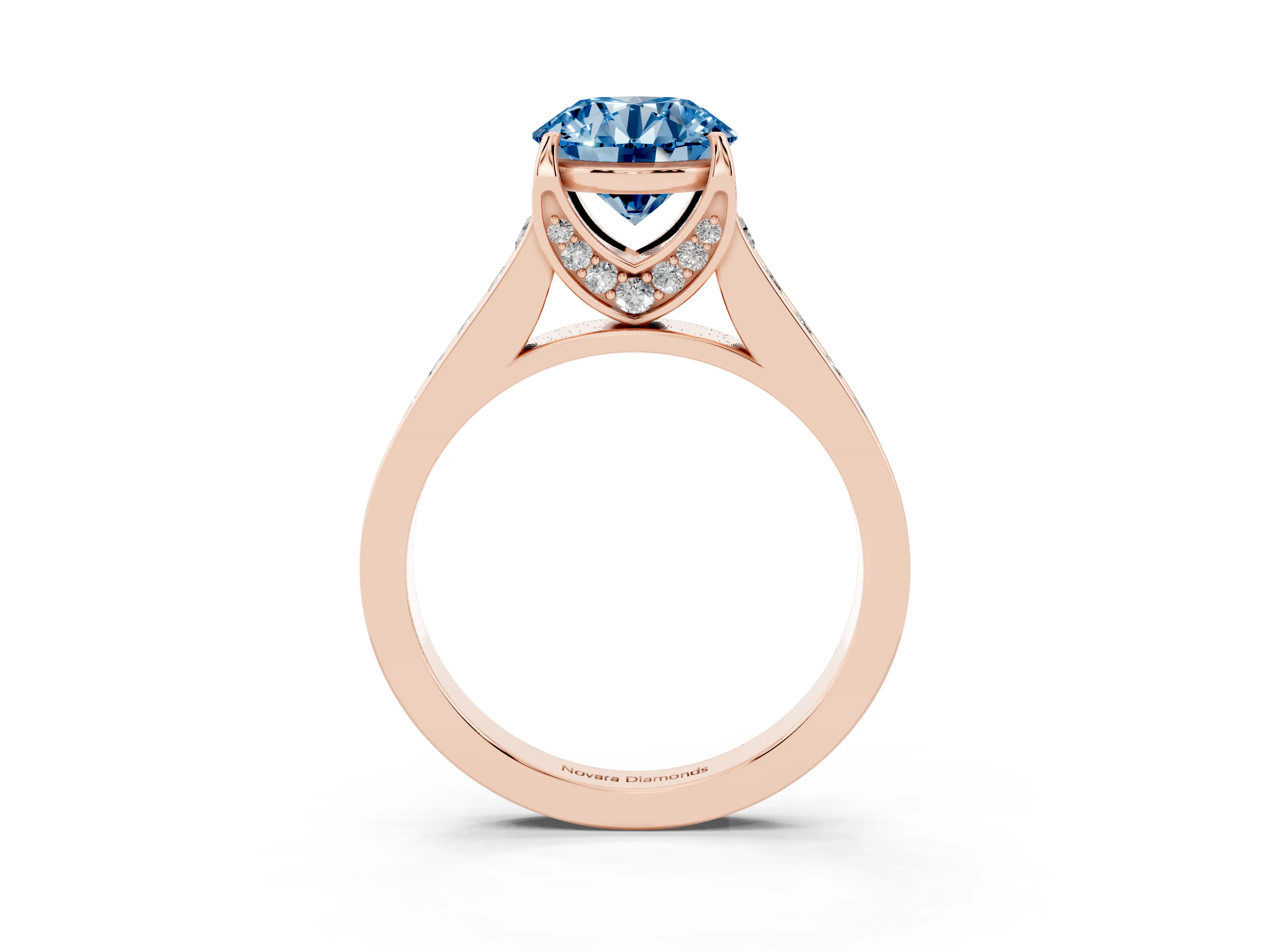 Fancy Blue Round Cut Diamond Solitaire Pavé Engagement Ring Set in Rose gold with Prong Setting