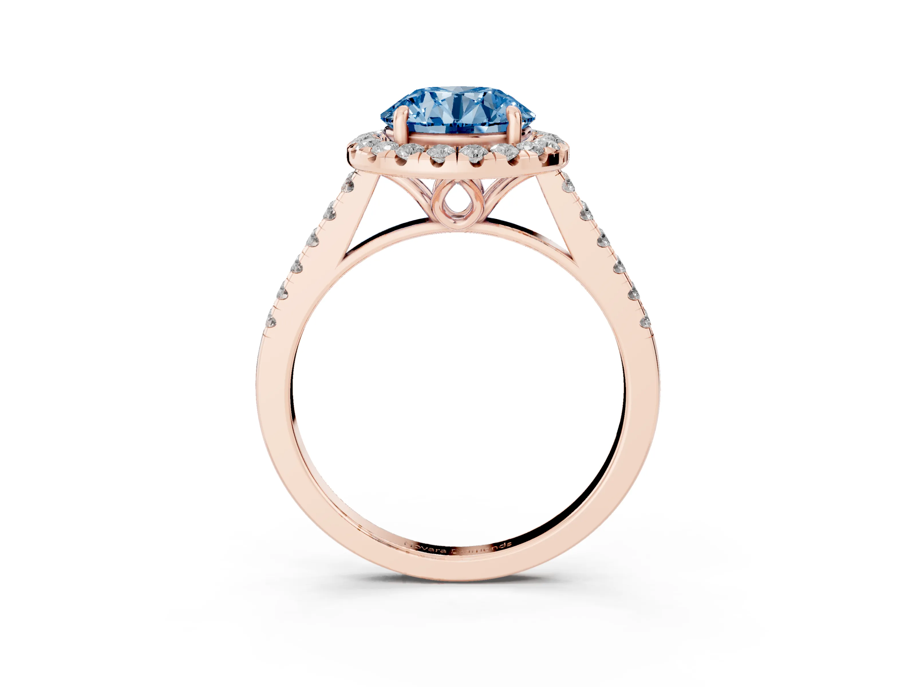 Fancy Blue Round Cut Diamond Pavé Halo Engagement Ring Set in Rose gold with Pavé Band and Prong Setting