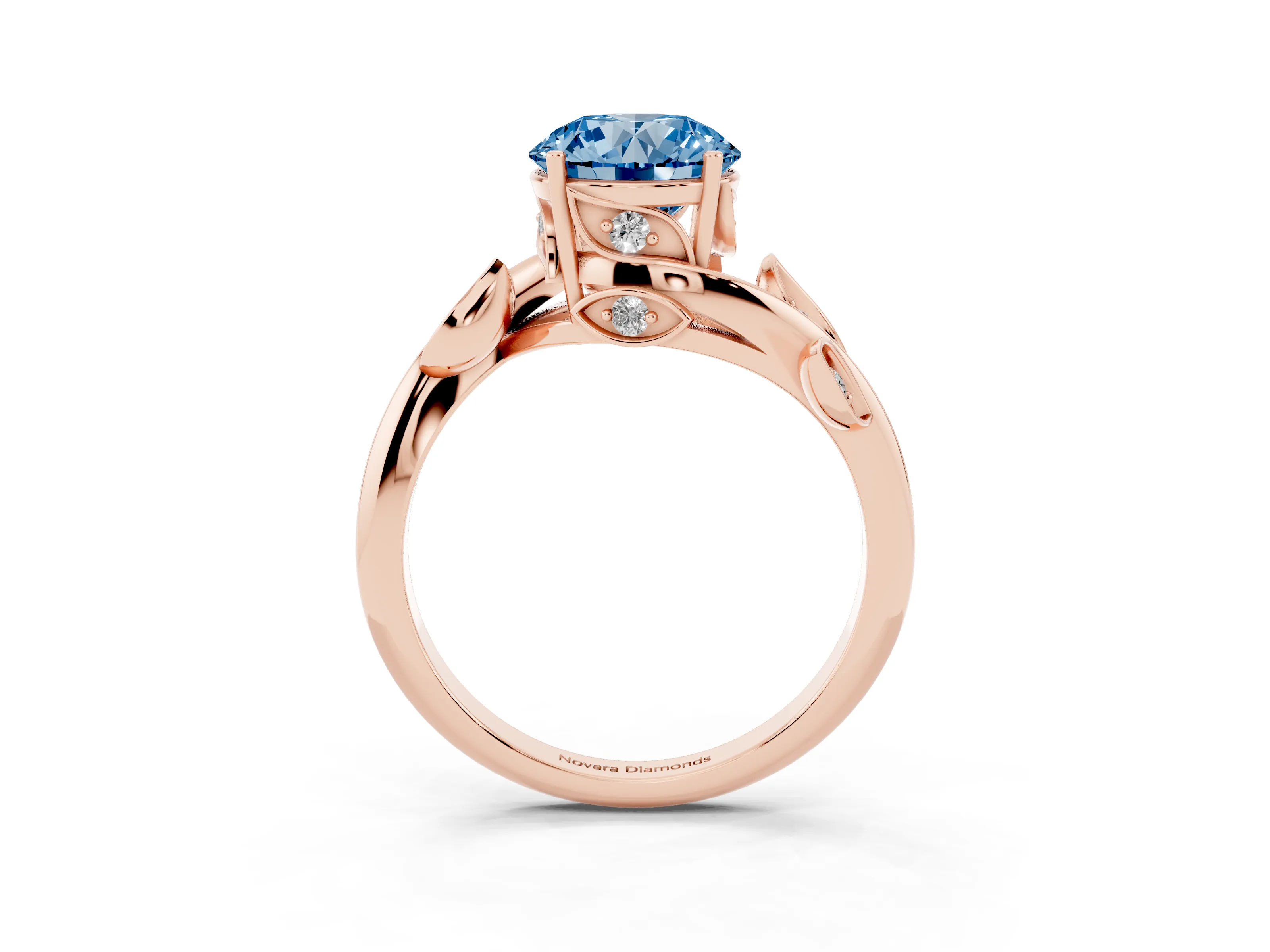 Fancy Blue Round Cut Diamond Solitaire Twist Engagement Ring Set in Rose gold with Pavé Leaf Accents
