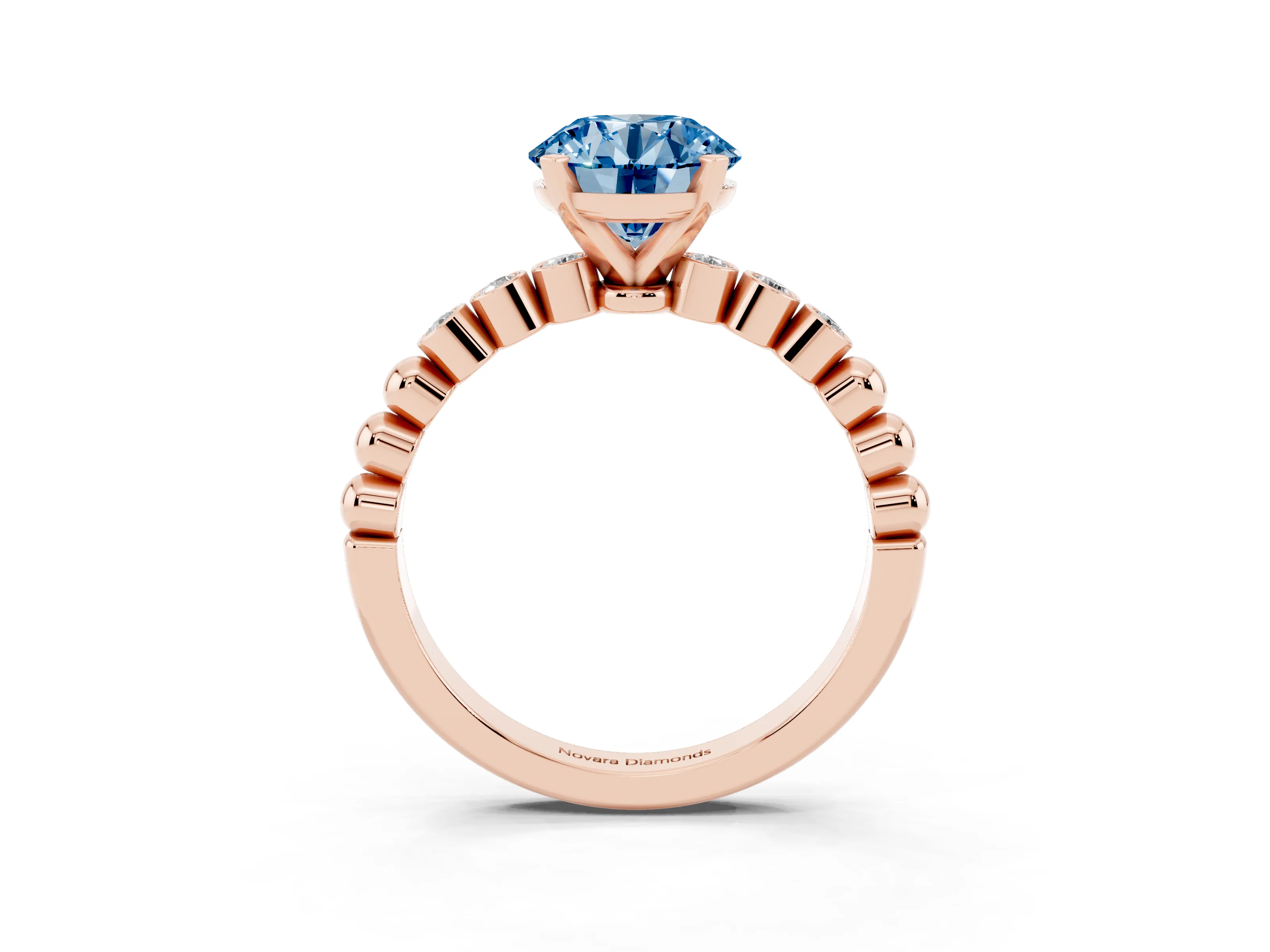 Fancy Blue Round Cut Diamond Solitaire Engagement Ring Set in Rose gold with Bezel Accents on Beaded Band
