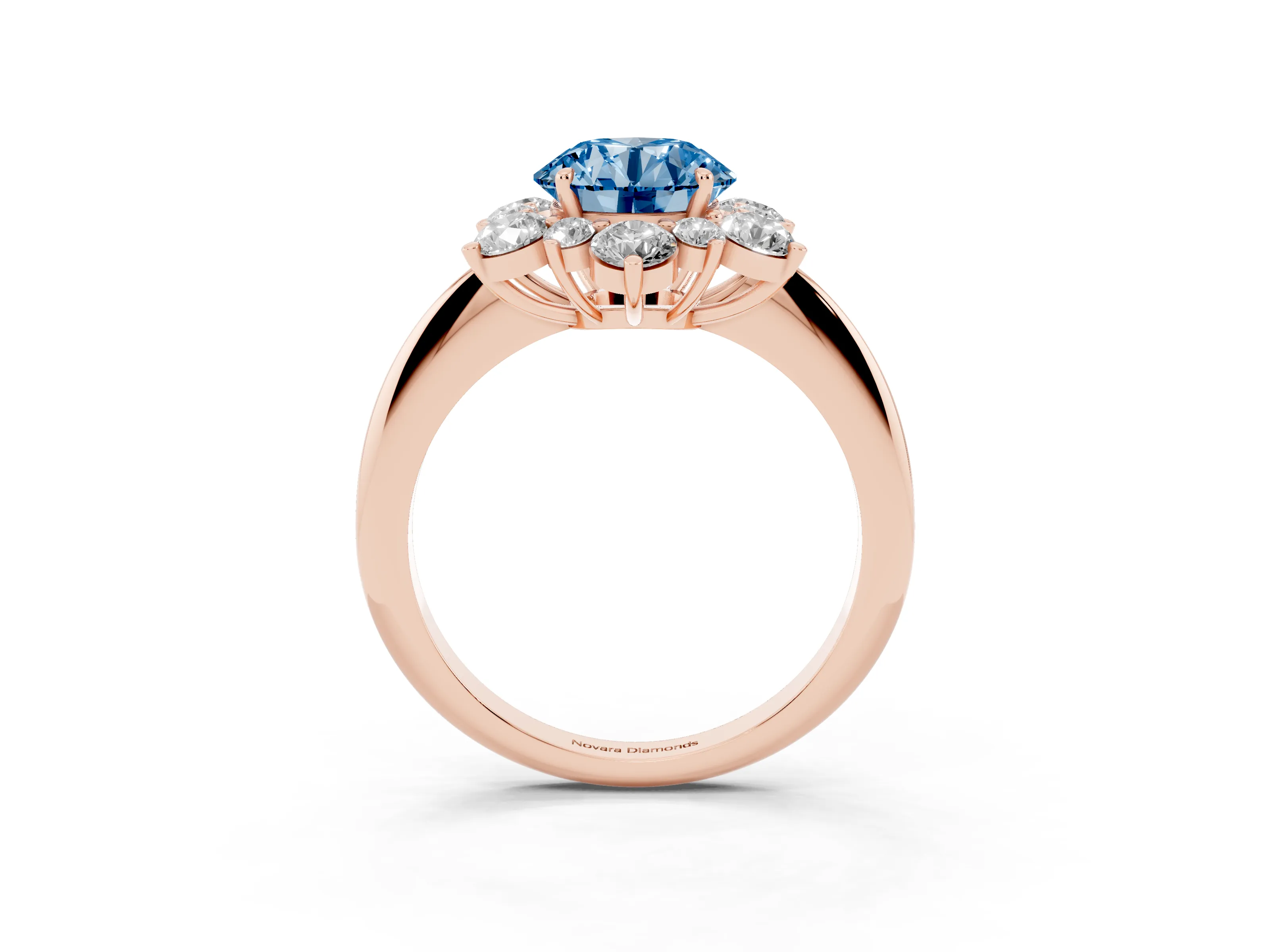 Fancy Blue Round Cut Diamond Cluster Halo Ring Set in Rose gold with Solitaire Band and Prong Setting