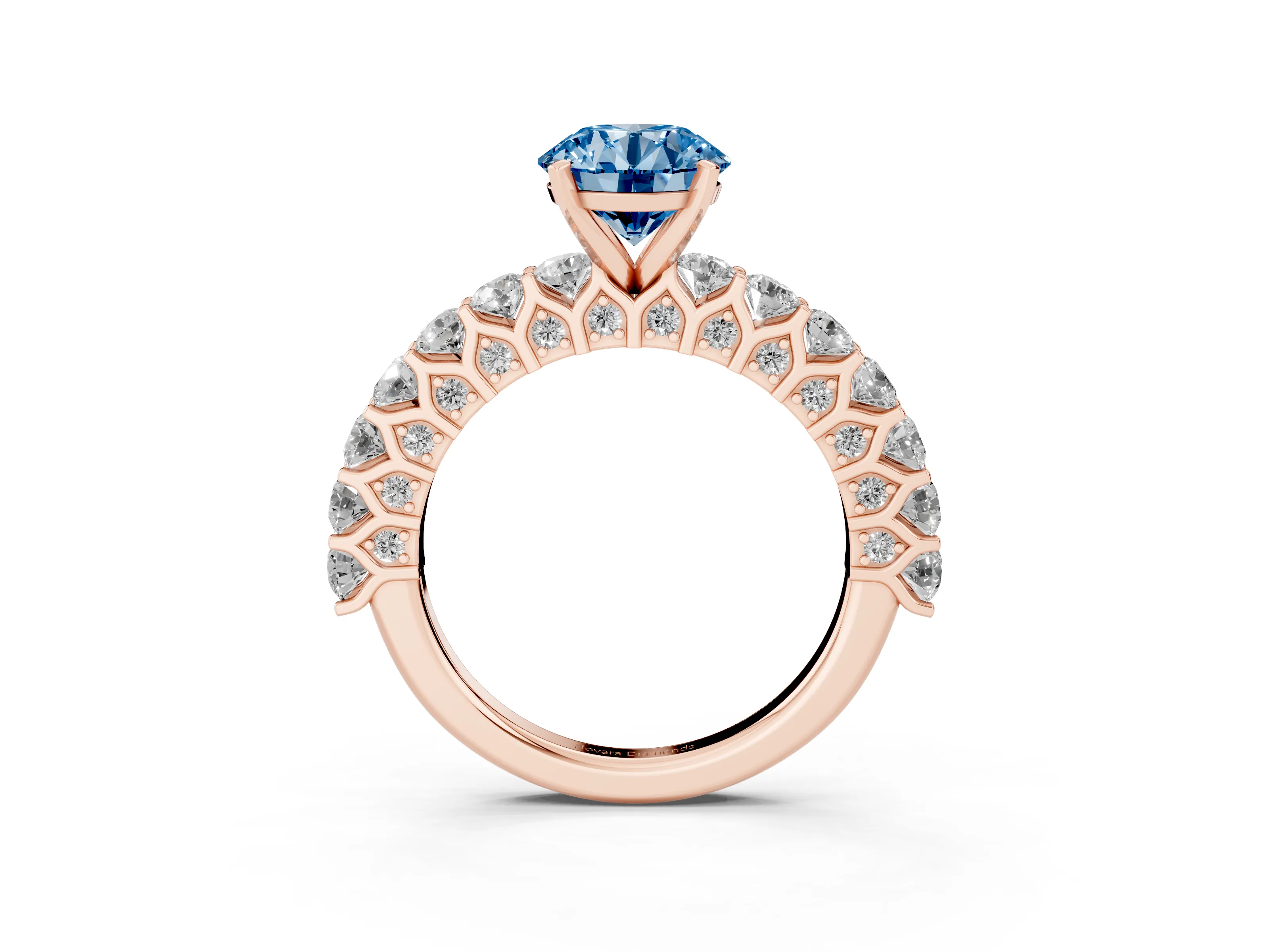 Fancy Blue Round Cut Diamond Solitaire Ring Set in Rose gold with Shared Prong Pavé Band