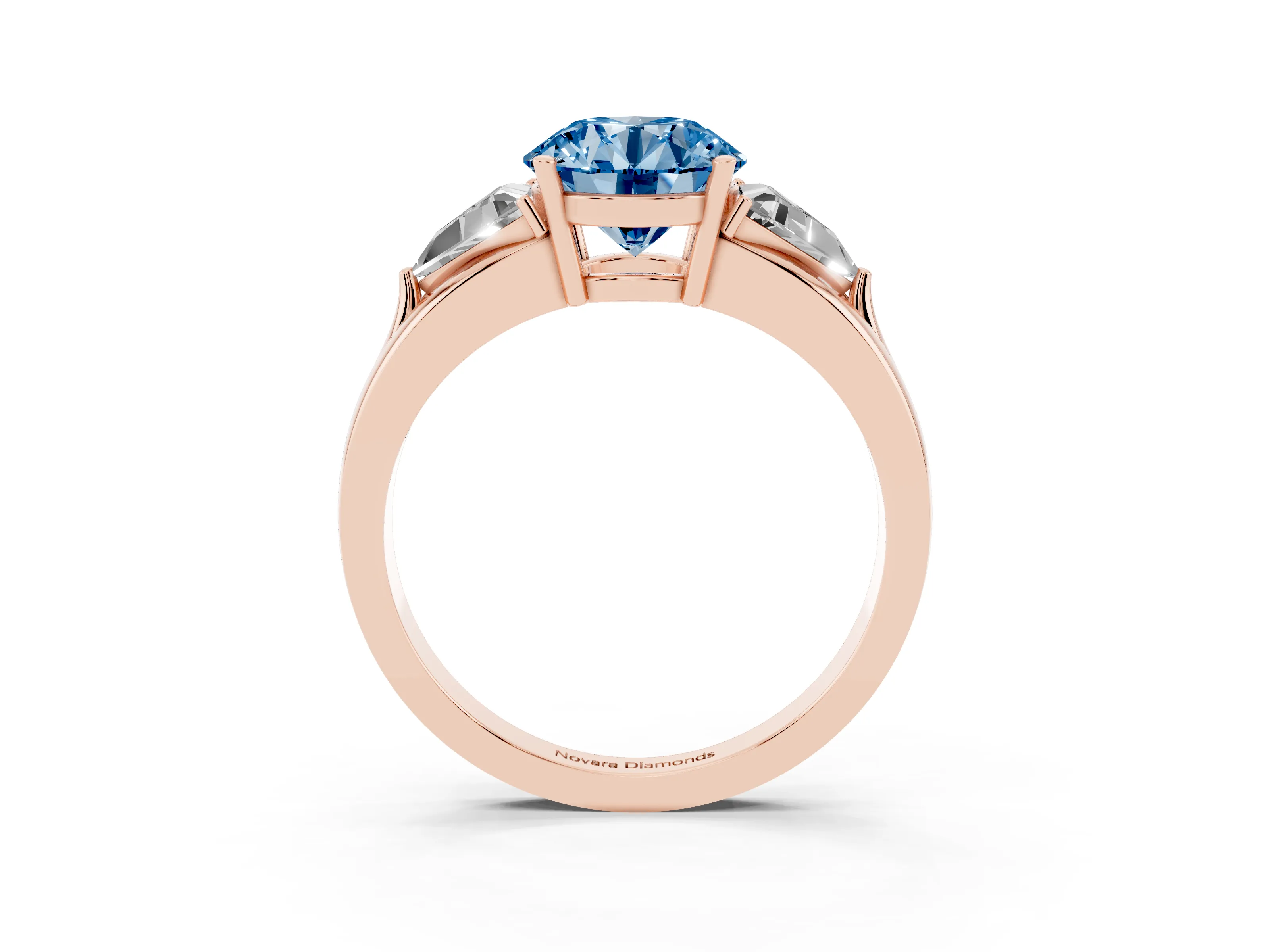 Fancy Blue Round Cut Diamond Three-Stone Ring Set in Rose gold with Trillion Side Stones and Split Shank