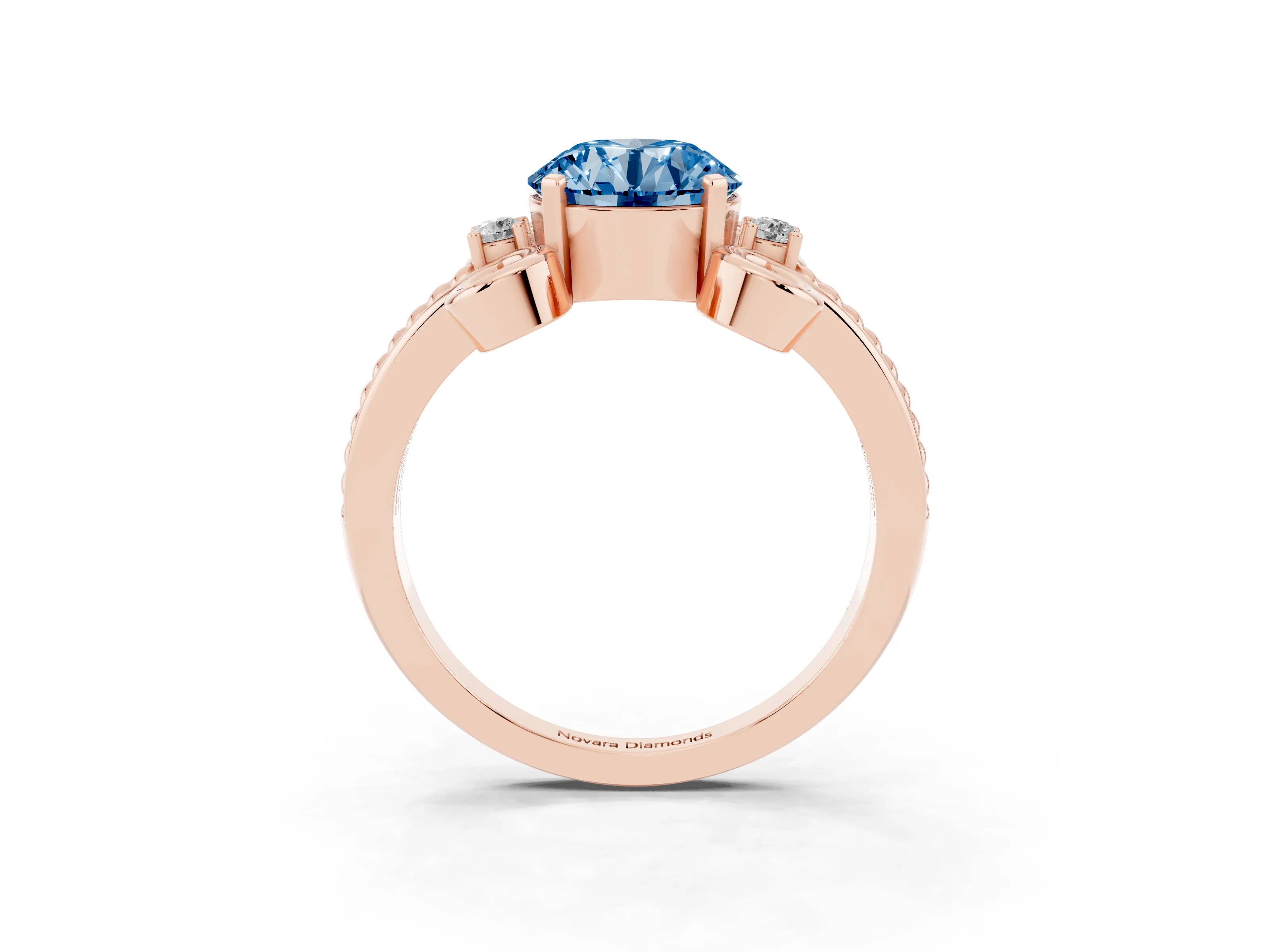 Fancy Blue Round Cut Diamond Twisted Band Solitaire Ring Set in Rose gold with Scroll Prongs