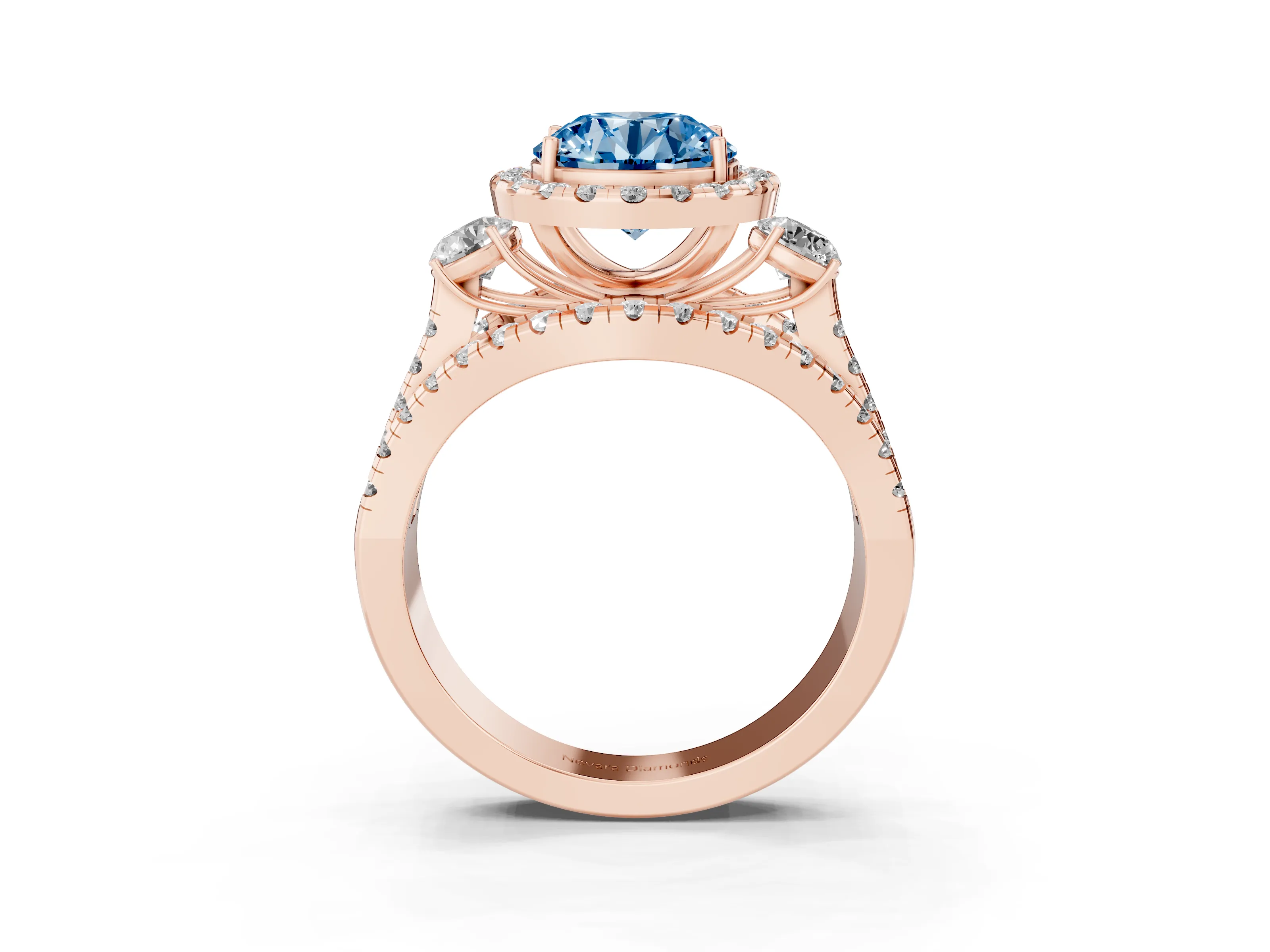 Fancy Blue Round Cut Diamond Halo Split Shank Ring Set in Rose gold with Round Accent Stones and Prong Setting