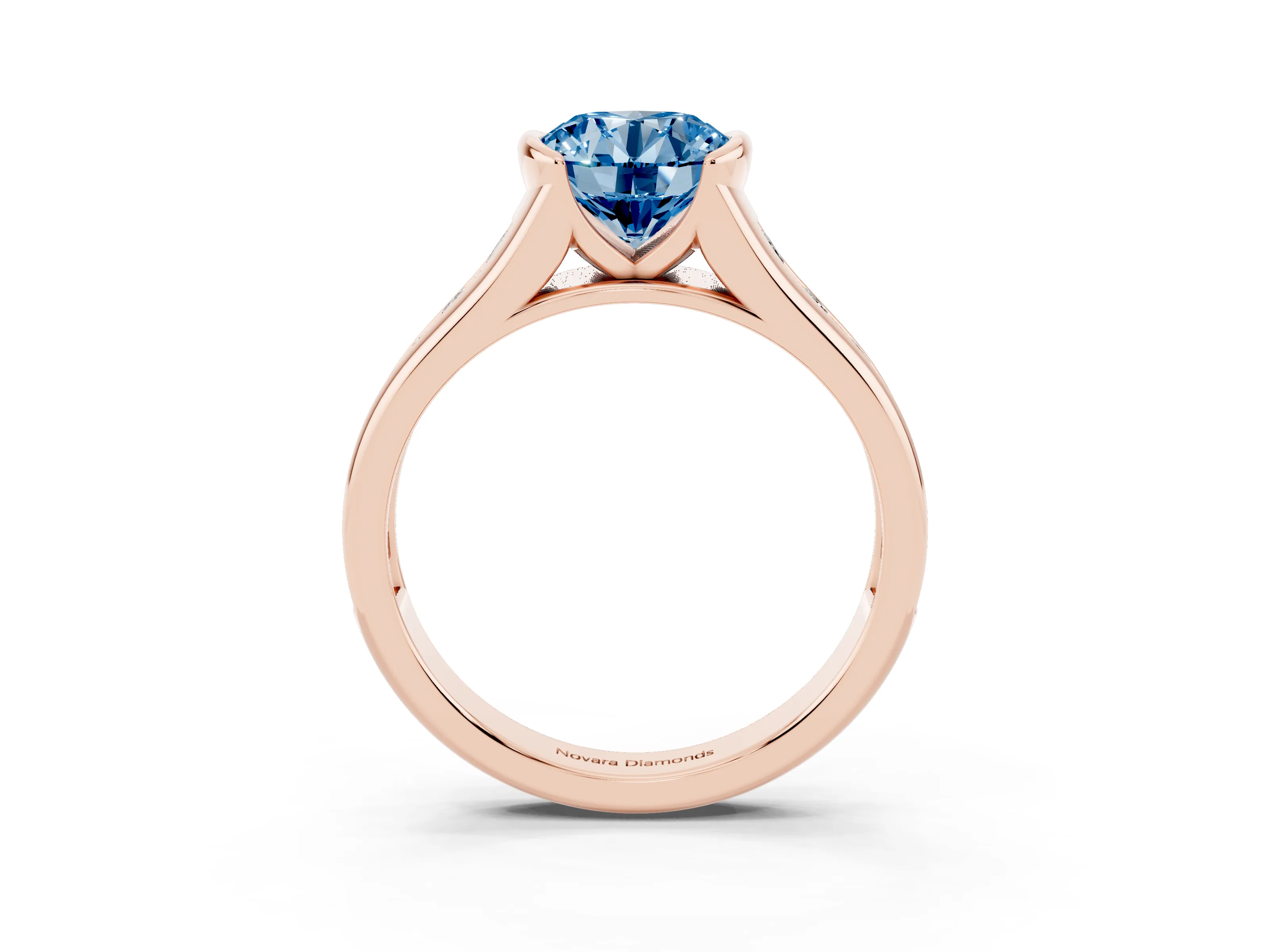 Fancy Blue Round Cut Diamond Bezel-Set Solitaire Ring Set in Rose gold with Channel-Set Band