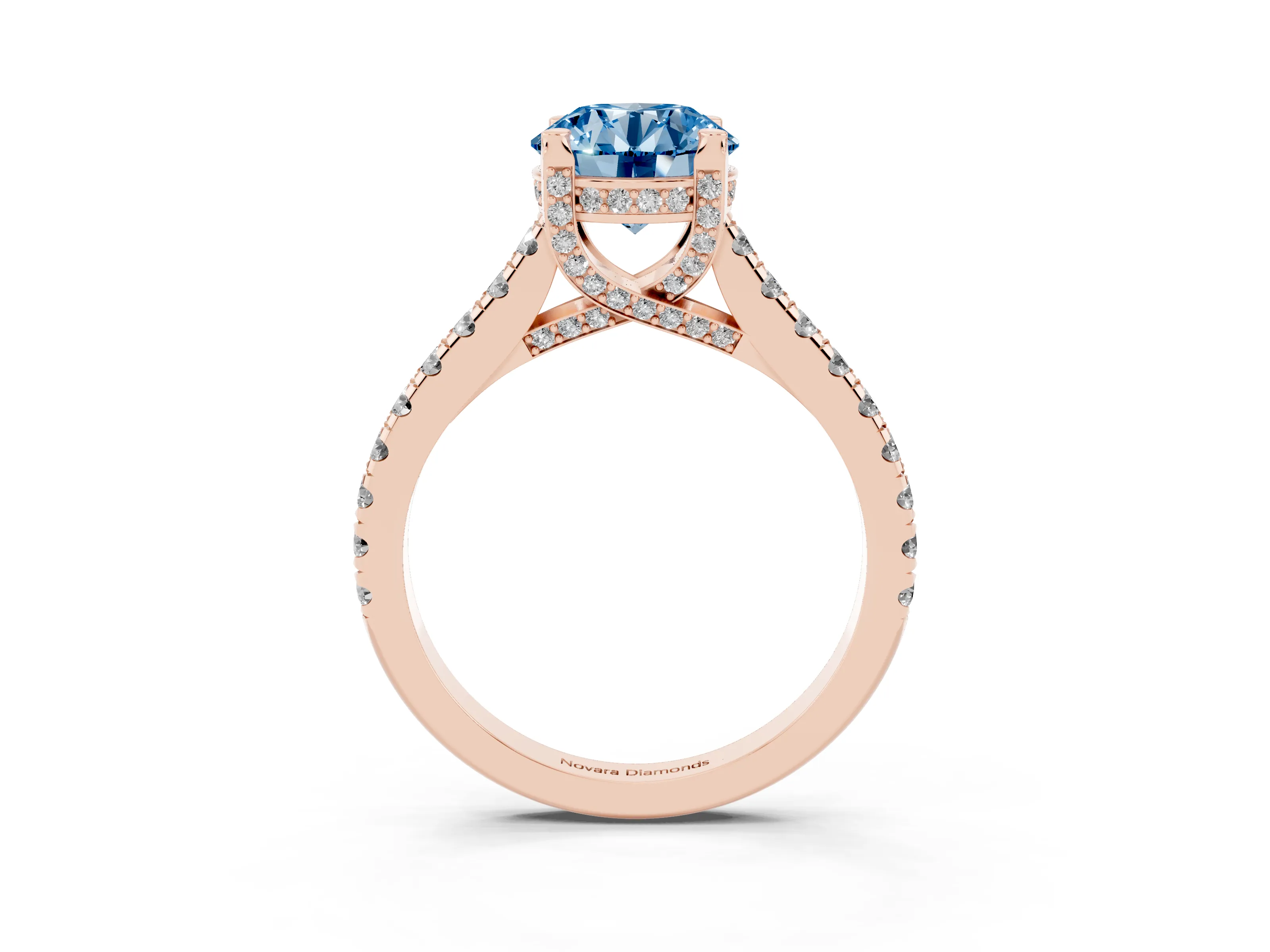 Fancy Blue Round Cut Diamond Solitaire Ring Set in Rose gold with Brilliant Pavé Band and Prong Setting
