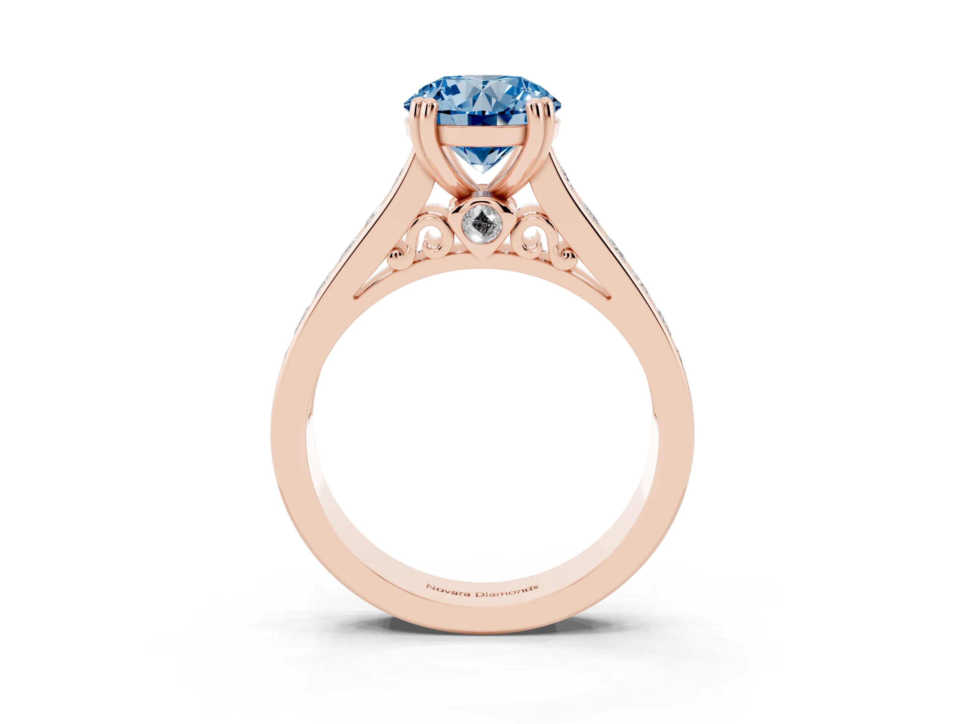 Fancy Blue Round Cut Diamond Channel Set Solitaire Engagement Ring Set in Rose gold with Prong Setting
