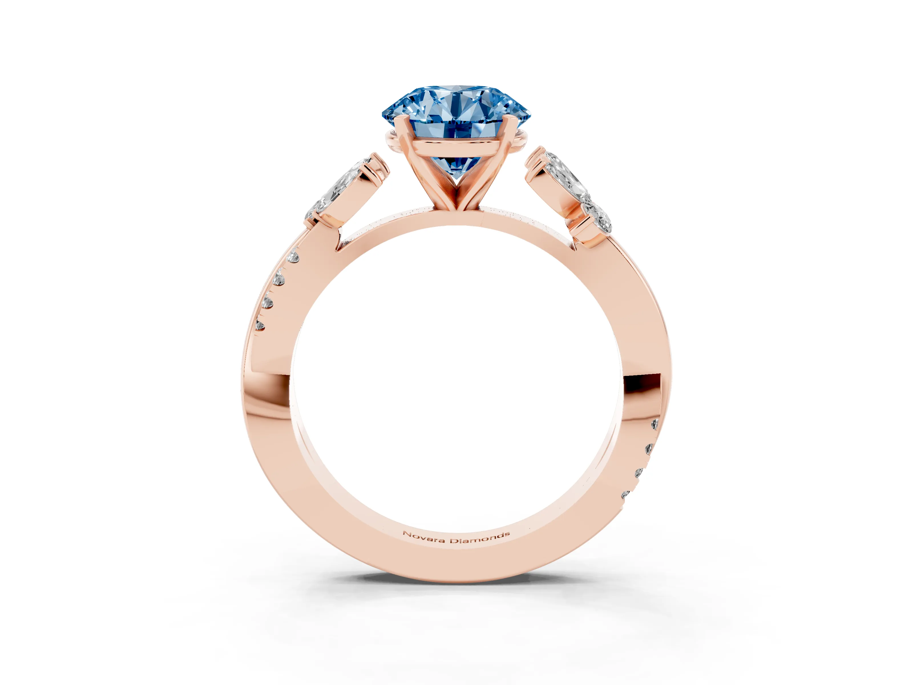 Fancy Blue Round Cut Diamond Floral Vine Solitaire Engagement Ring Set in Rose gold with Marquise Leaves