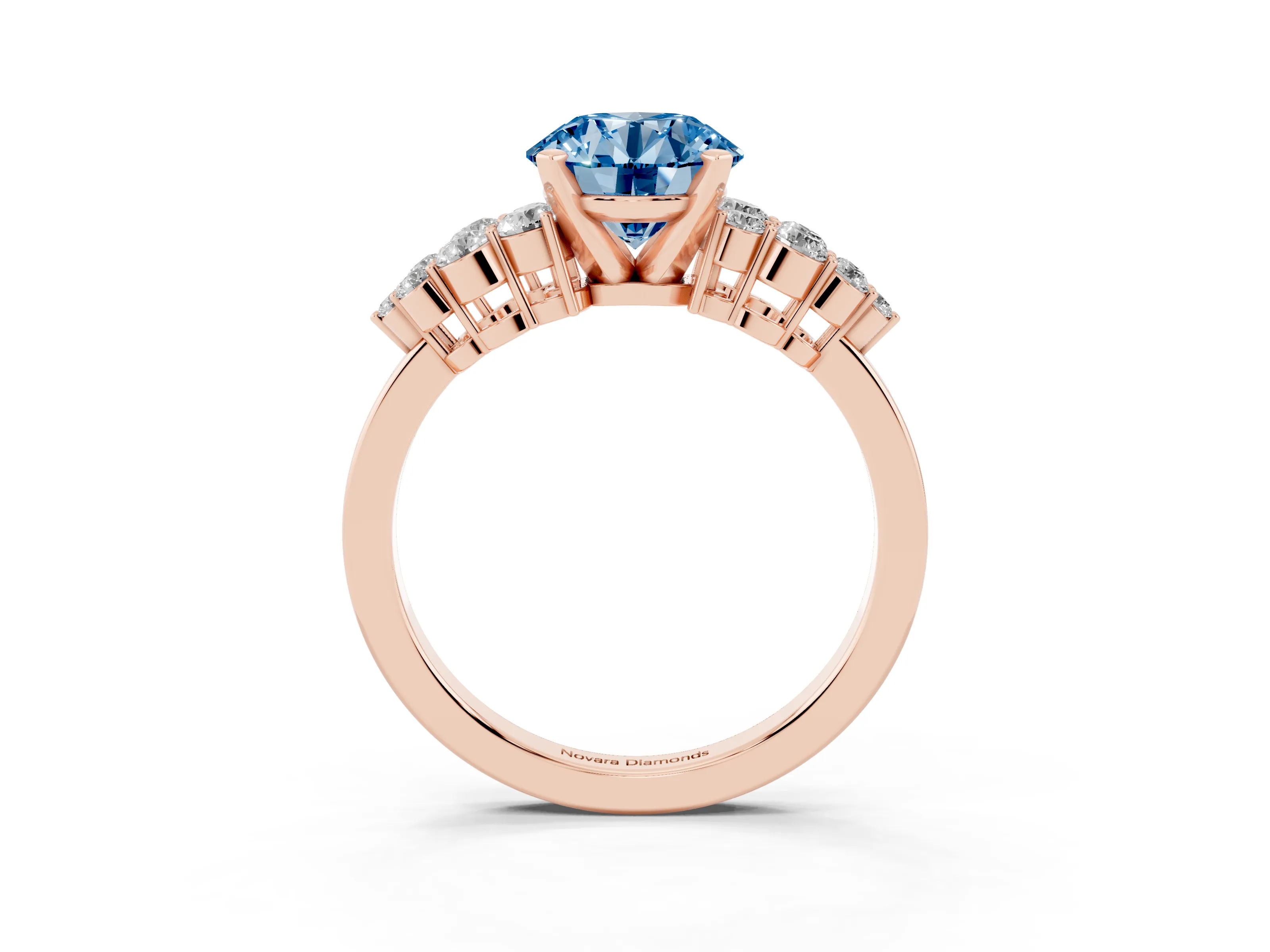 Fancy Blue Round Cut Diamond Cluster Engagement Ring Set in Rose gold with Pavé Band and Prong Setting