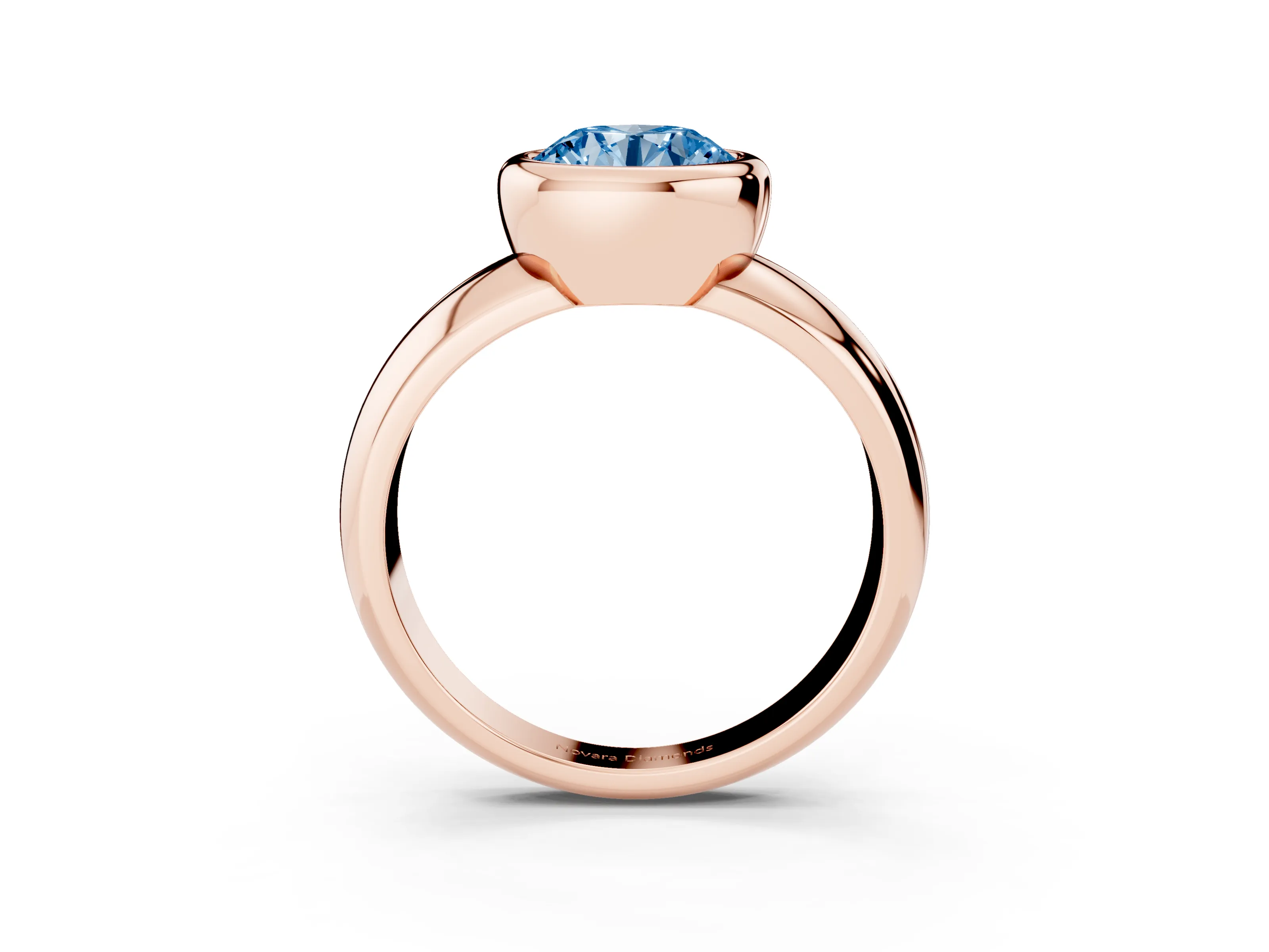 Fancy Blue Bezel Set Round Cut Diamond Solitaire Ring Set in Rose gold with Wide Band