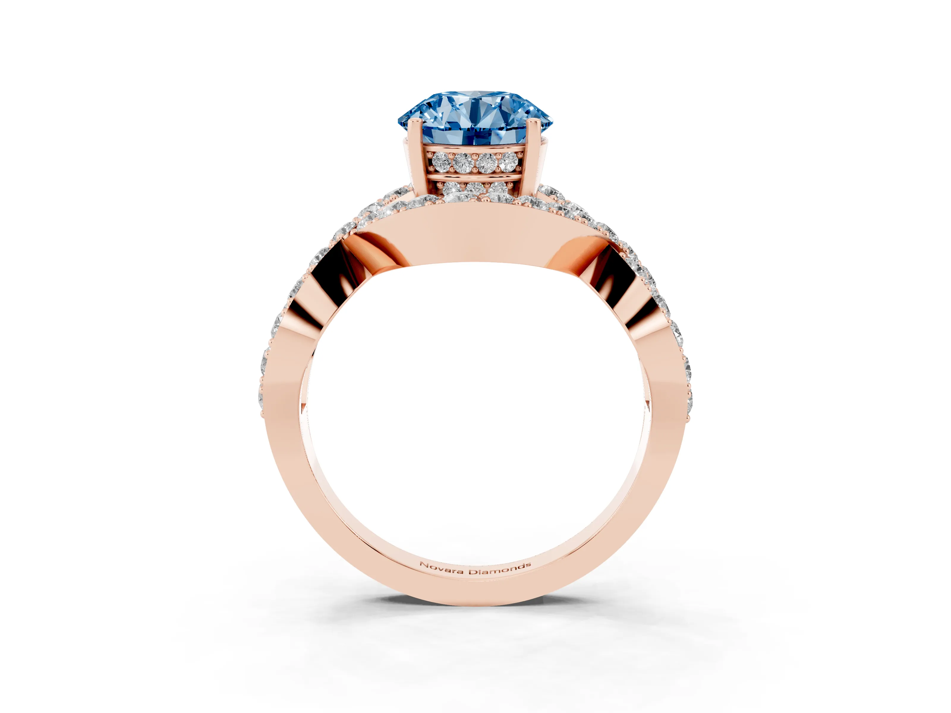 Fancy Blue Round Cut Diamond Solitaire Twist Band Pavé Engagement Ring Set in Rose gold