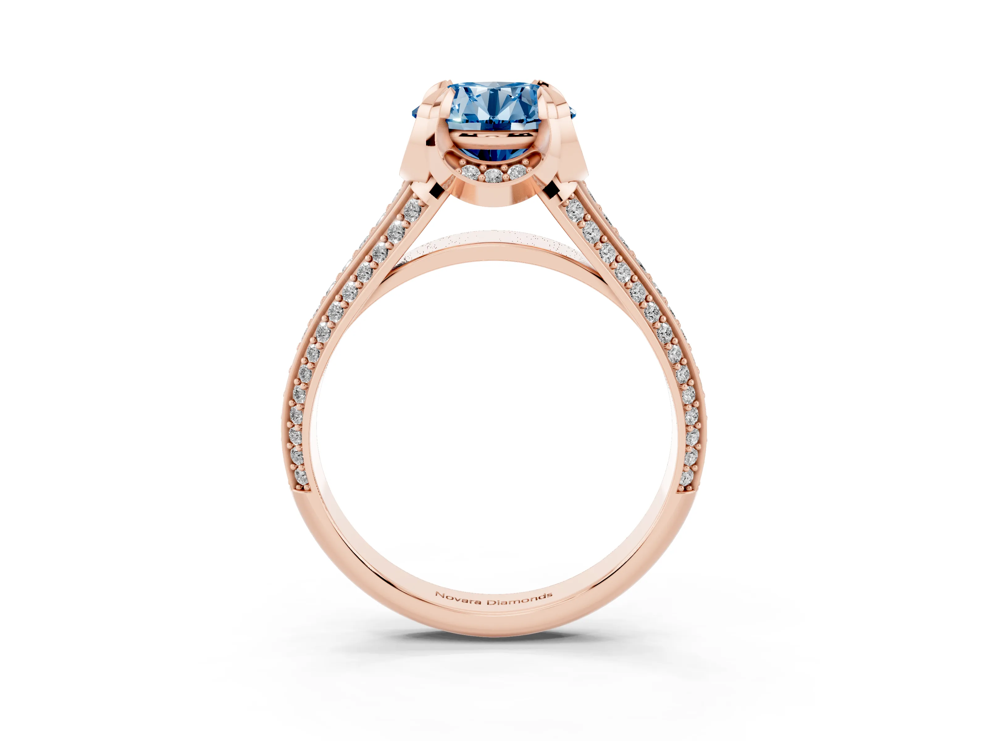 Fancy Blue Round Cut Diamond Pavé Split Shank Solitaire Ring Set in Rose gold with Prong Setting