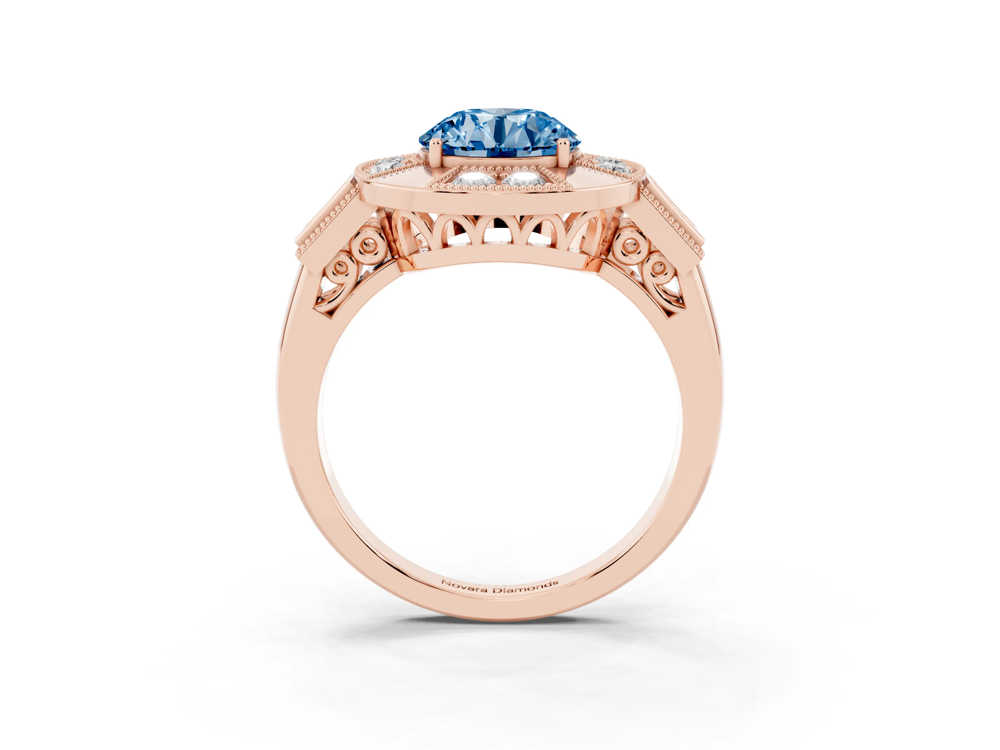Fancy Blue Round Cut Diamond Milgrain Halo Ring Set in Rose gold with Split Shank