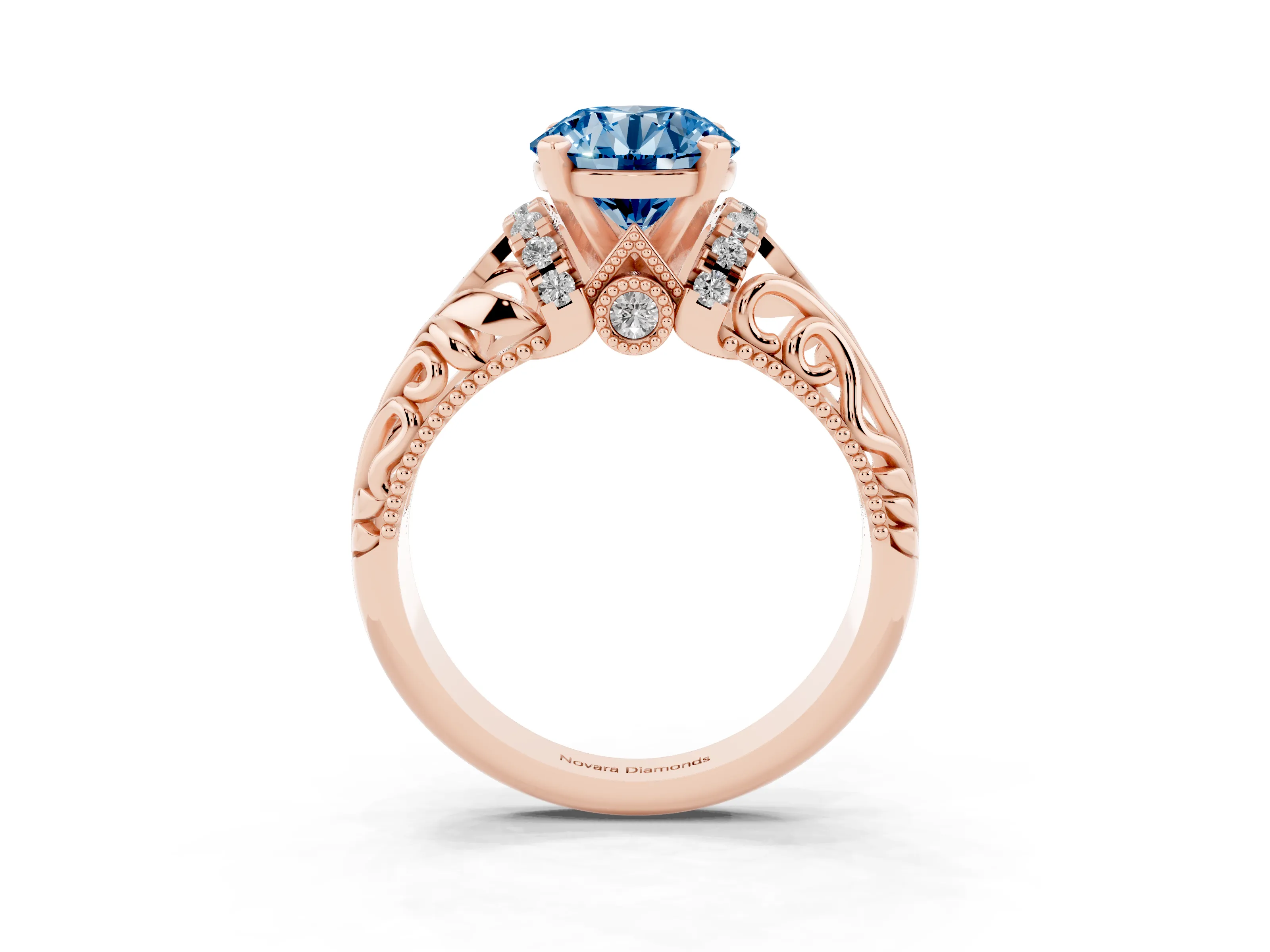 Fancy Blue Round Cut Diamond Filigree Halo Engagement Ring Set in Rose gold with Prong Setting