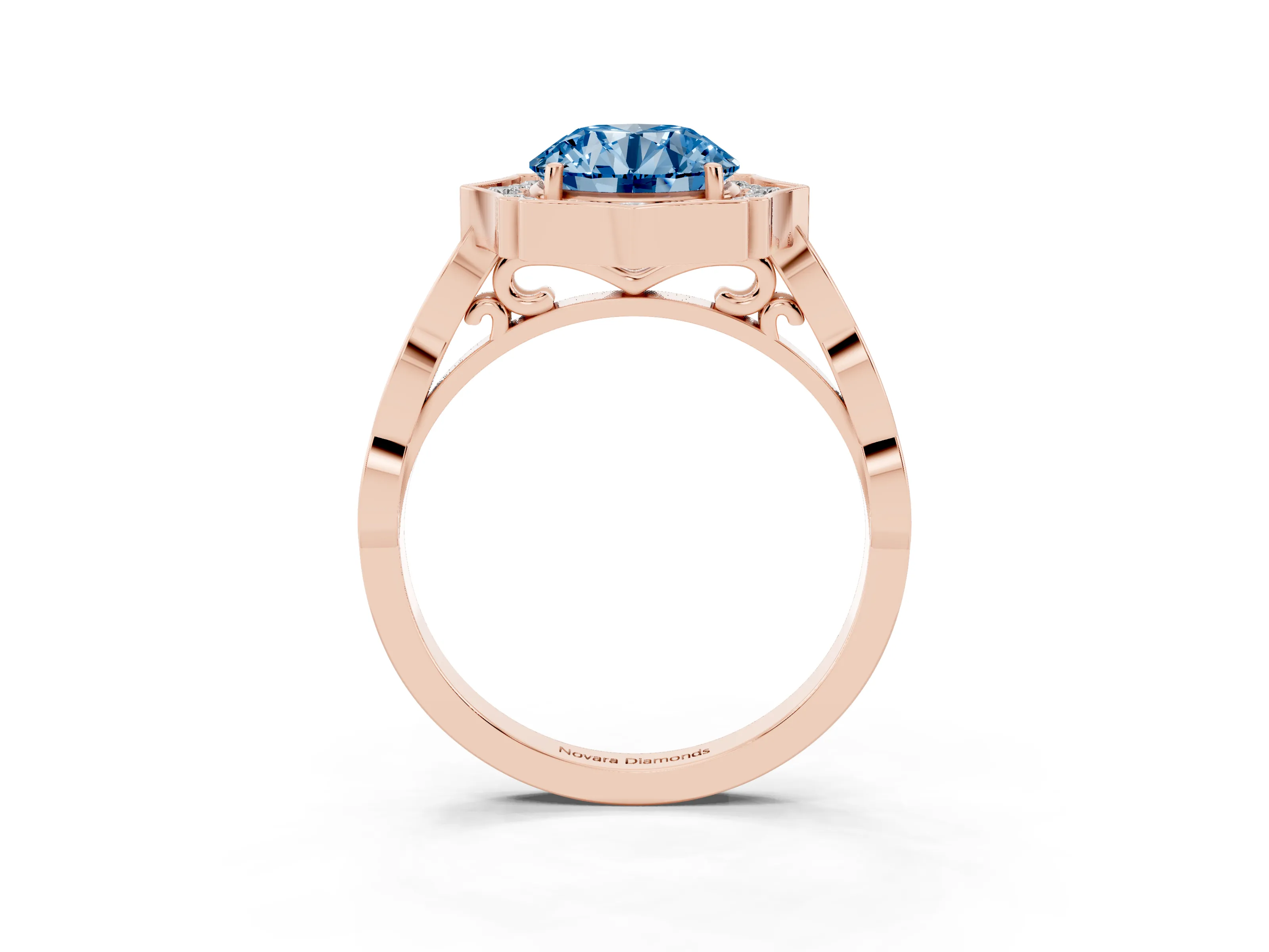 Fancy Blue Round Cut Diamond Halo Engagement Ring Set in Rose gold with Milgrain Band and Prong Setting
