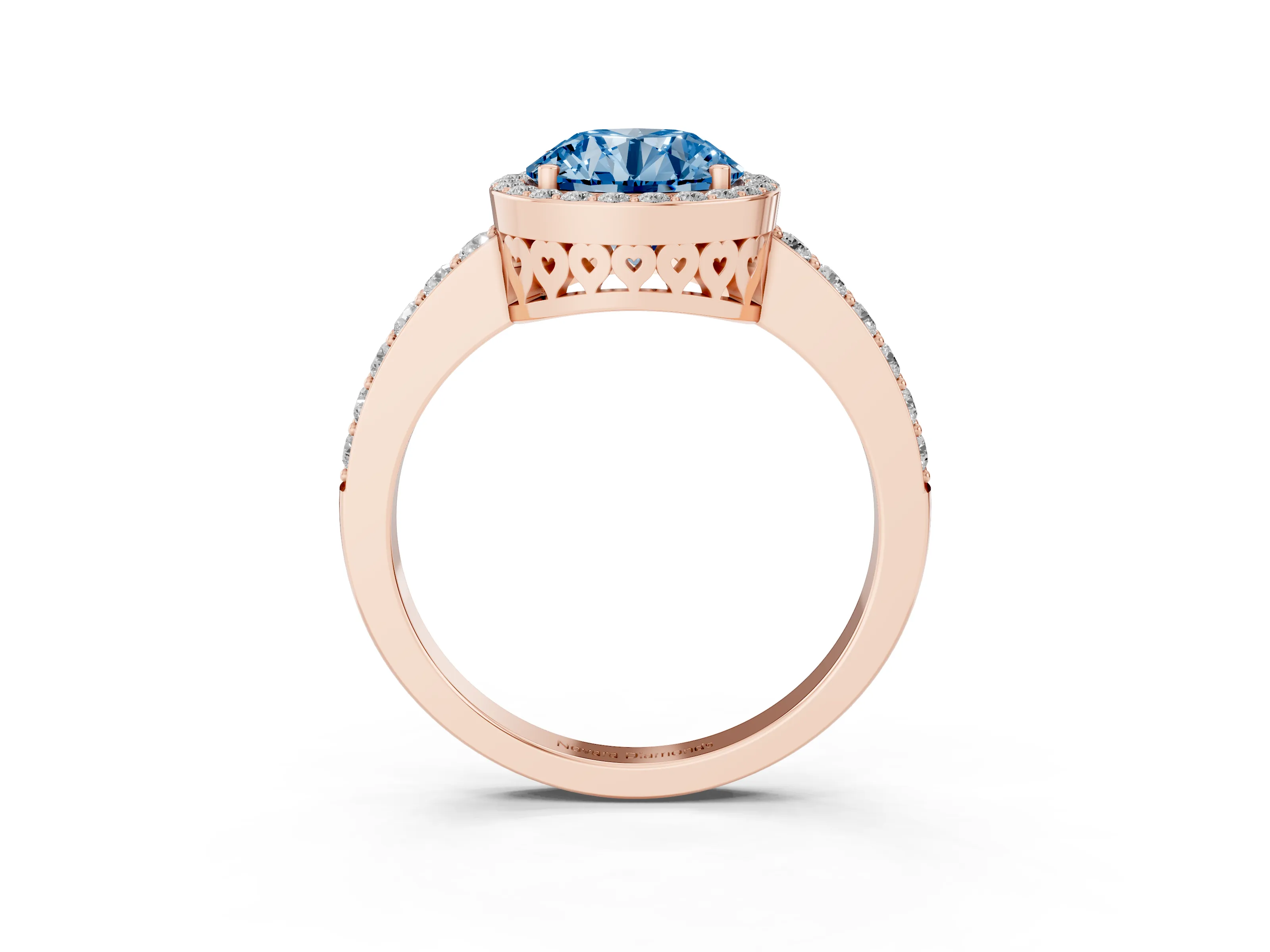 Fancy Blue Round Cut Diamond Halo Ring Set in Rose gold with Pavé-Setting Band and Open Prong Center