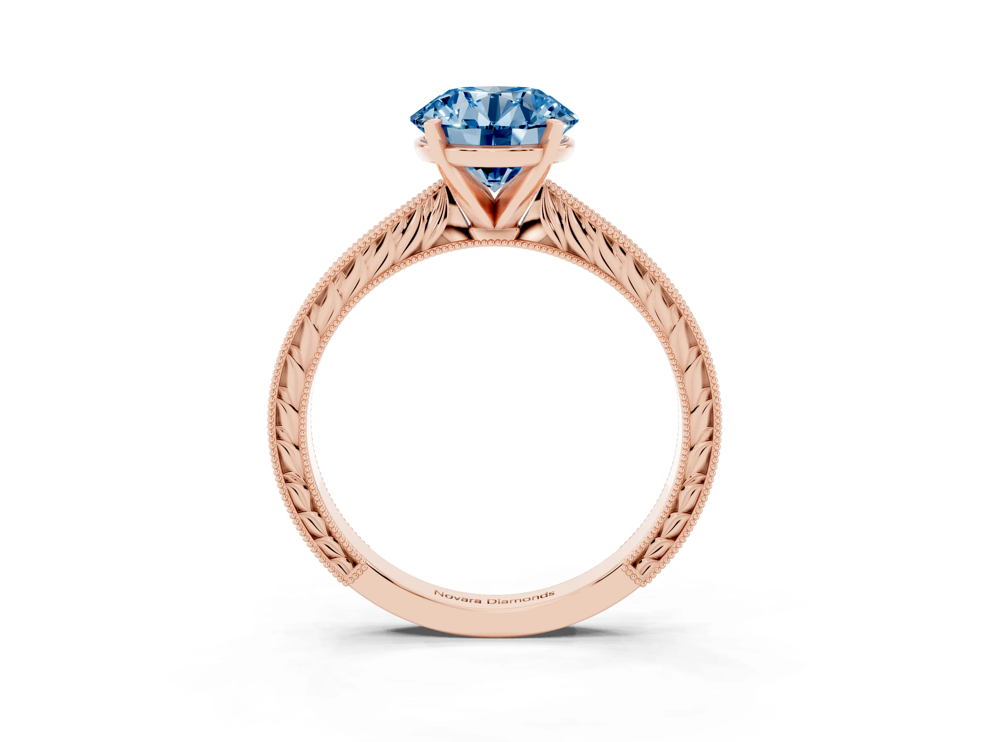 Fancy Blue Round Cut Diamond Solitaire Milgrain Engraved Band Set in Rose gold with Prong Setting