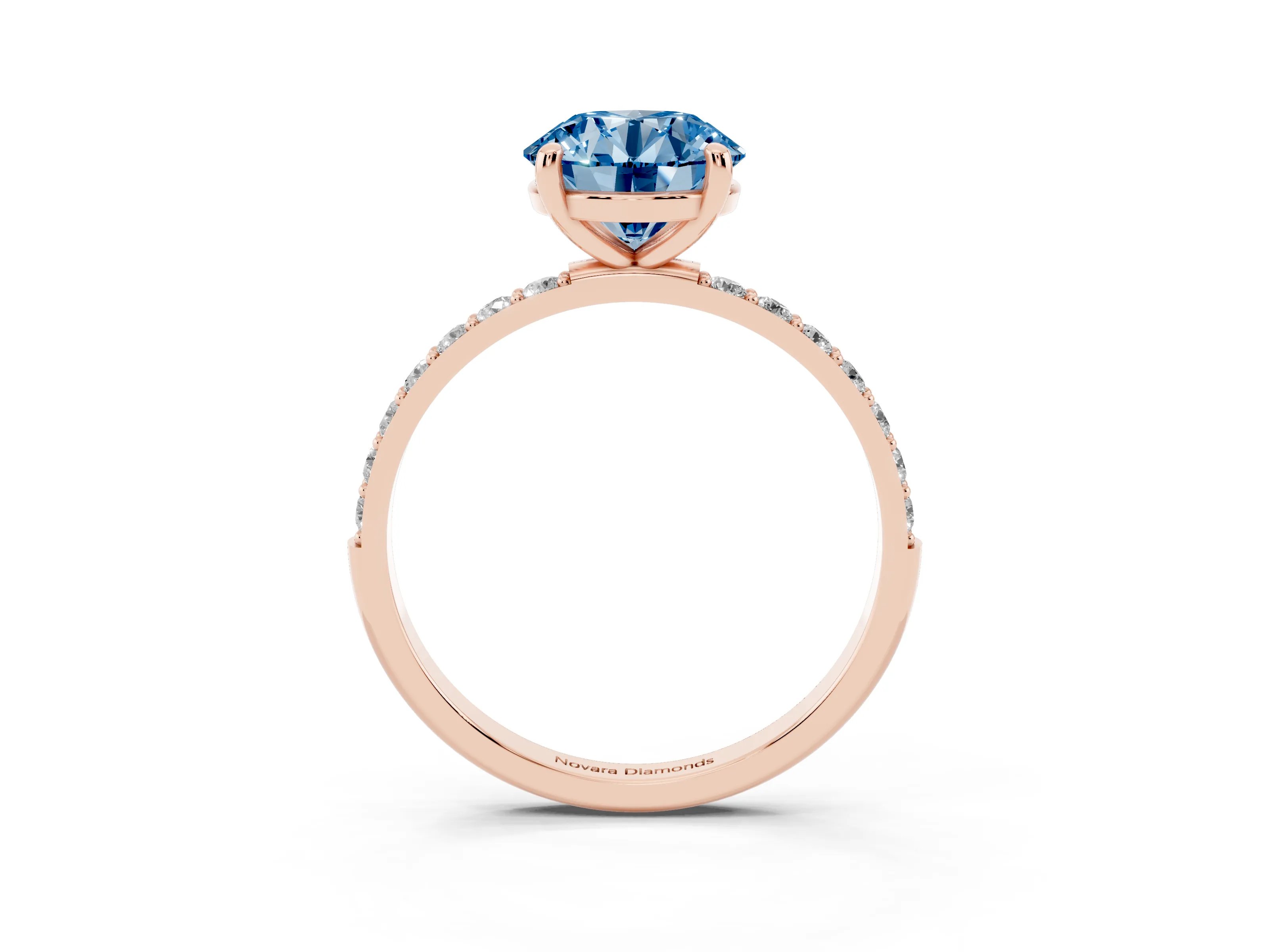 Fancy Blue Round Cut Diamond Solitaire Ring Set in Rose gold with Round Pavé Band and Prong Setting