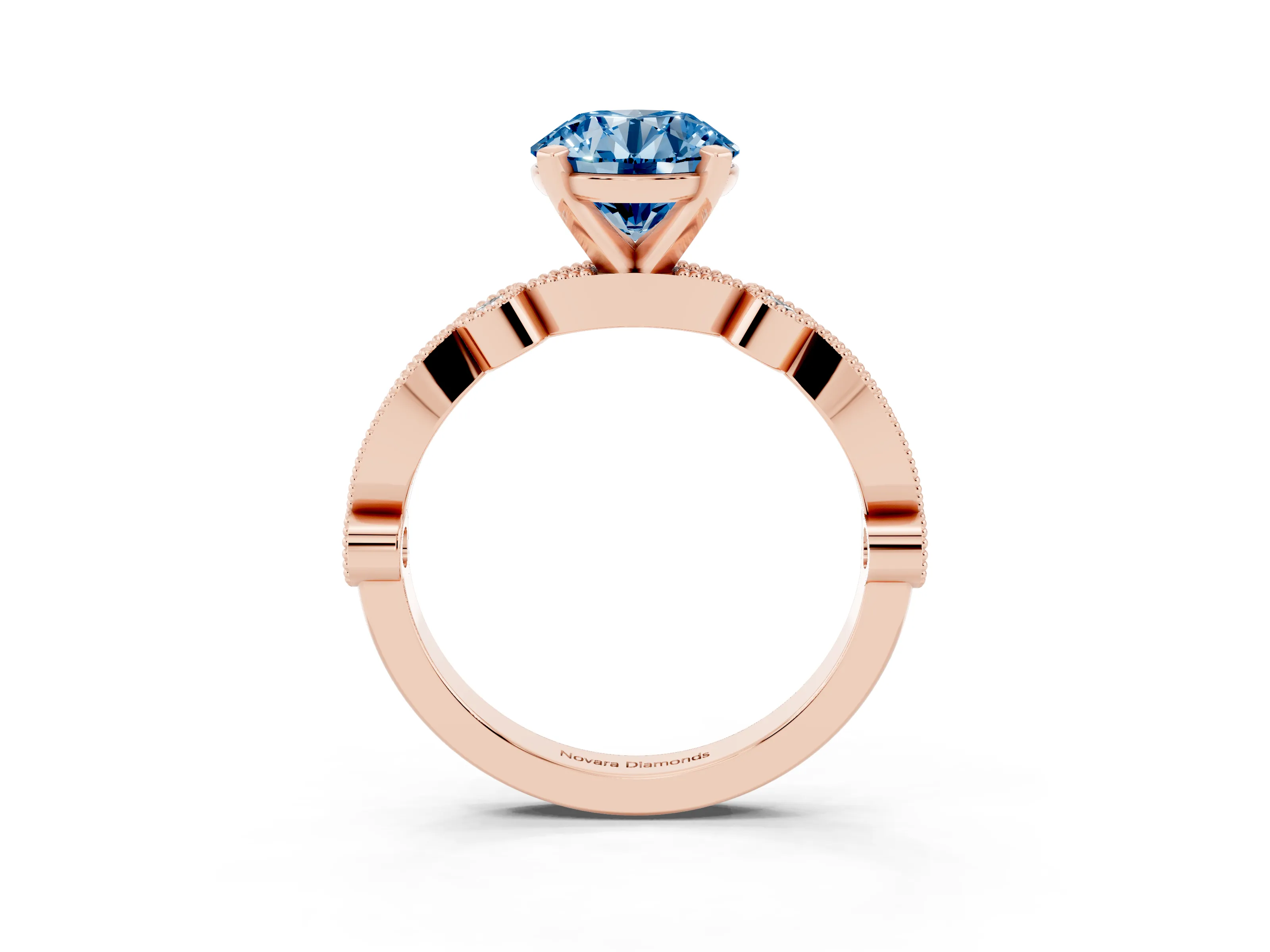 Fancy Blue Round Cut Diamond Solitaire Engagement Ring Set in Rose gold with Milgrain Bezel Accent Band