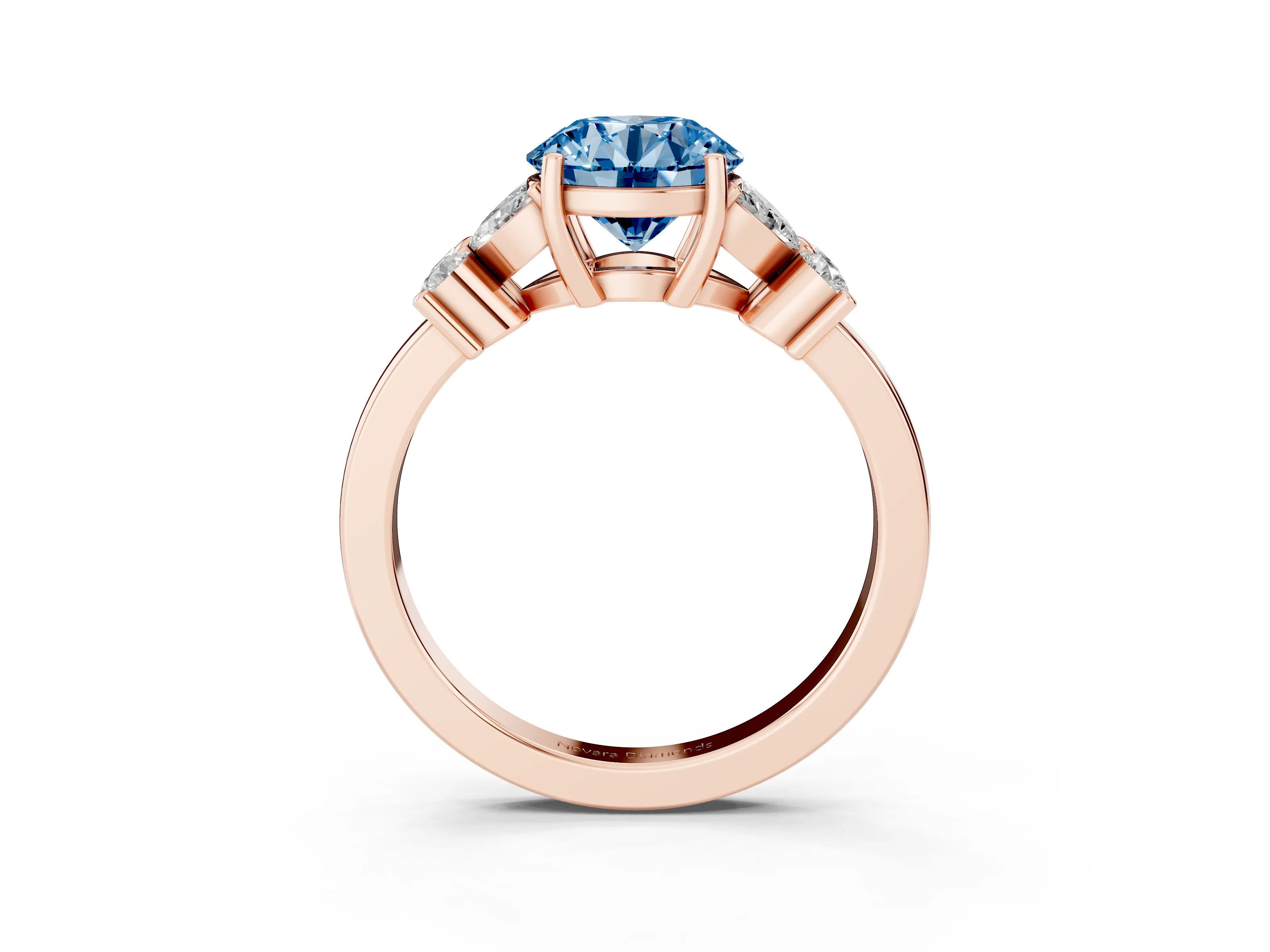 Fancy Blue Round Cut Diamond Floral Cluster Ring Set in Rose gold with Marquise Petals and Prong Setting
