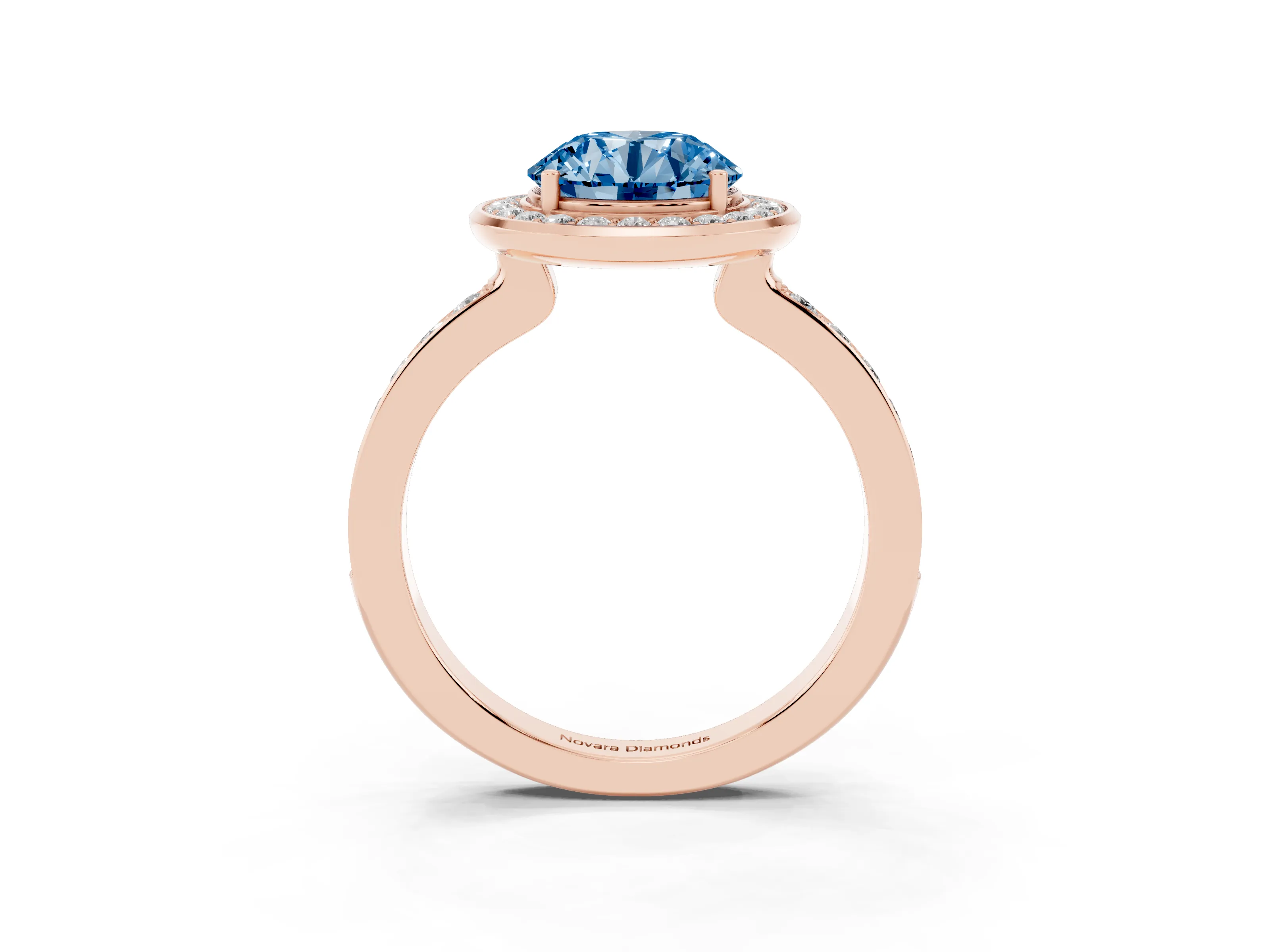 Fancy Blue Round Cut Diamond Halo Ring Set in Rose gold with Bezel Frame and Pavé Band