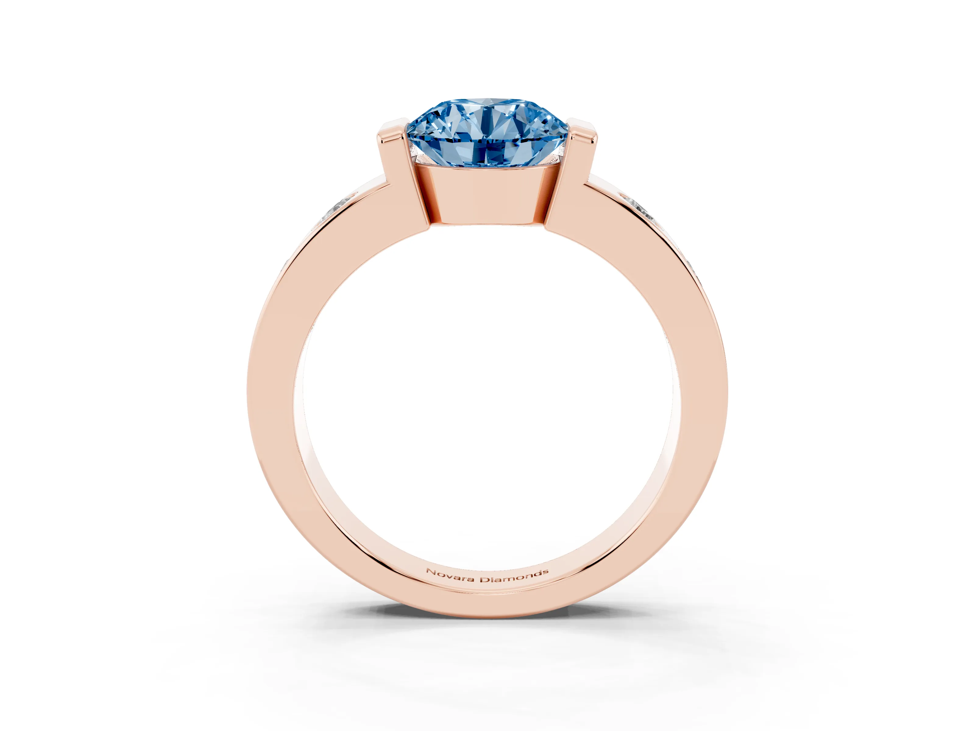 Fancy Blue Round Cut Diamond Channel-Set Band Ring Set in Rose gold with Bezel Prong Setting