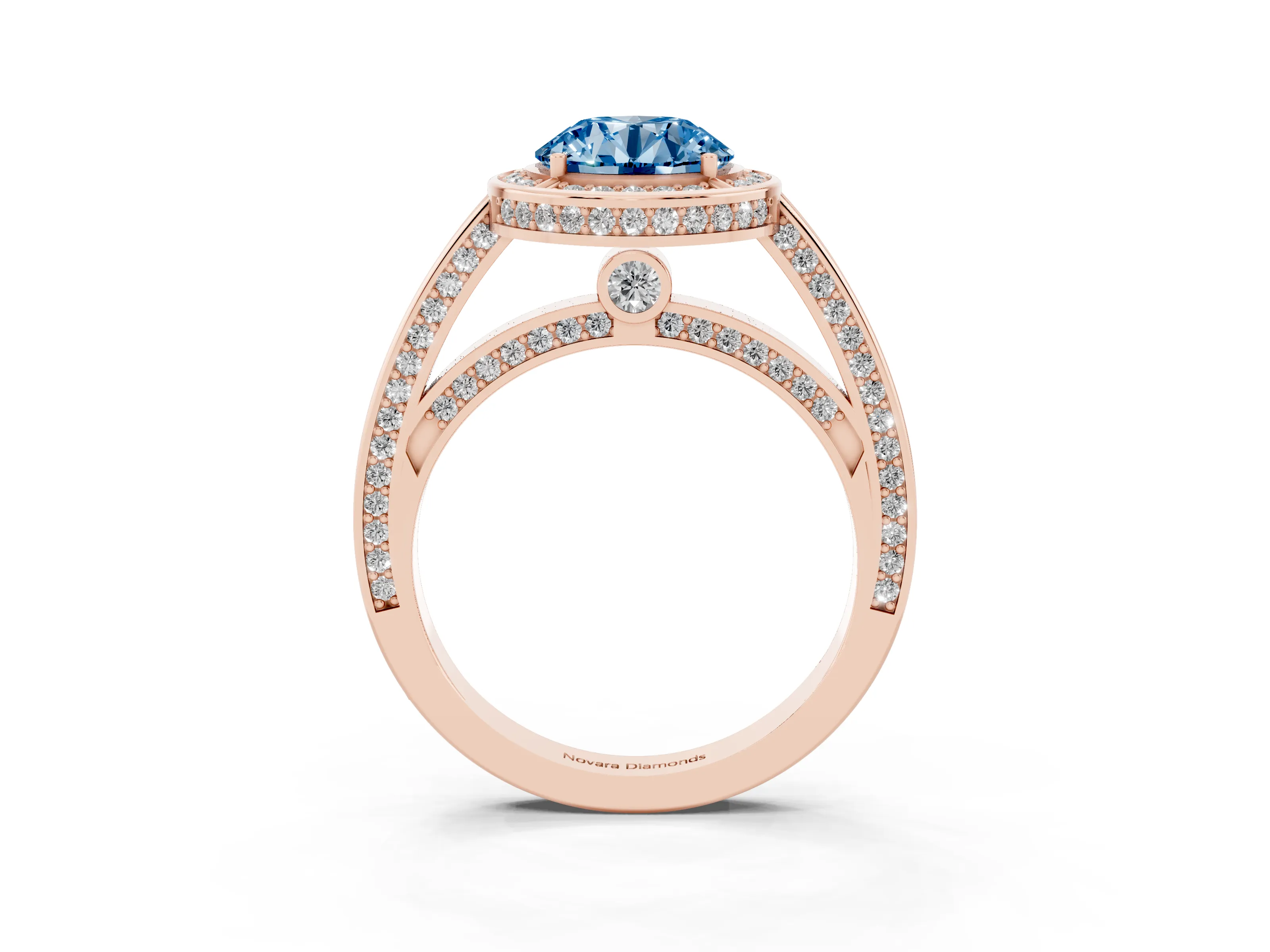 Fancy Blue Round Cut Diamond Halo Pavé Split Shank Ring Set in Rose gold with Prong Setting