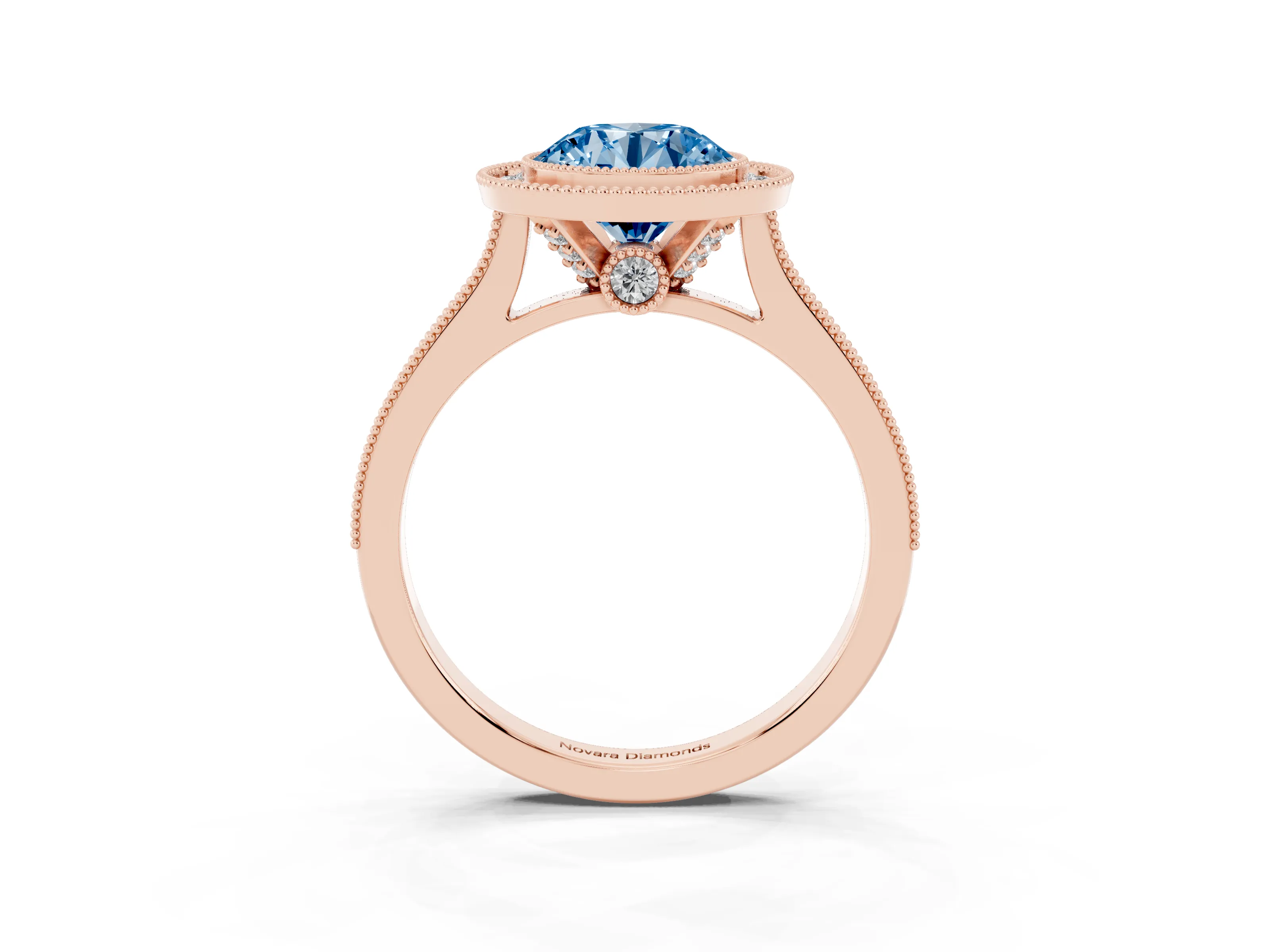 Fancy Blue Round Cut Diamond Halo Milgrain Pavé Band Ring Set in Rose gold with Prong Setting