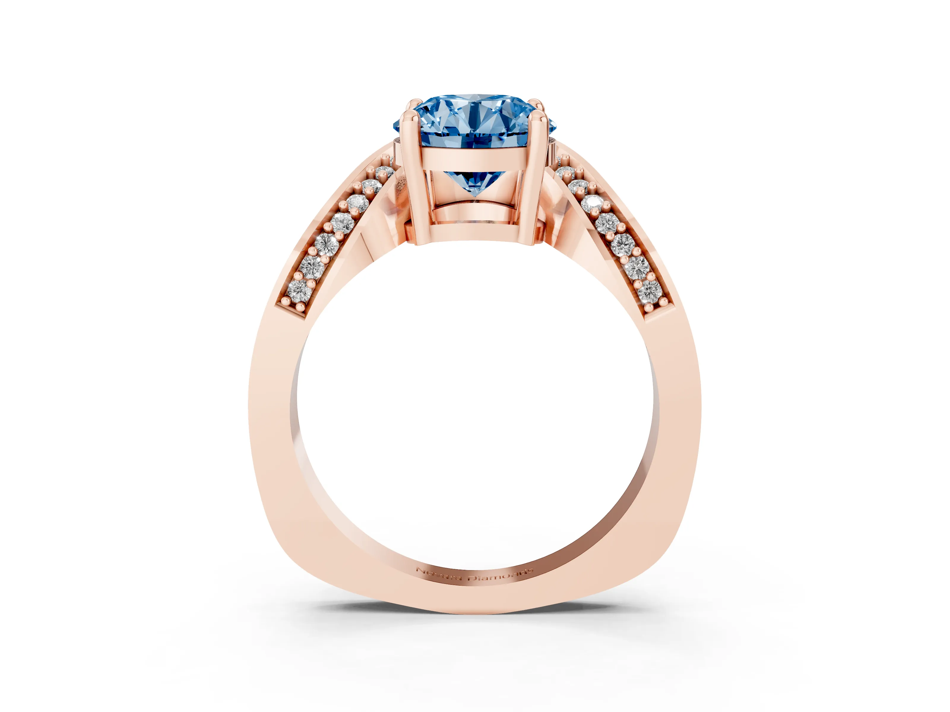 Fancy Blue Round Cut Diamond Solitaire Engagement Ring Set in Rose gold with Pavé Shoulders