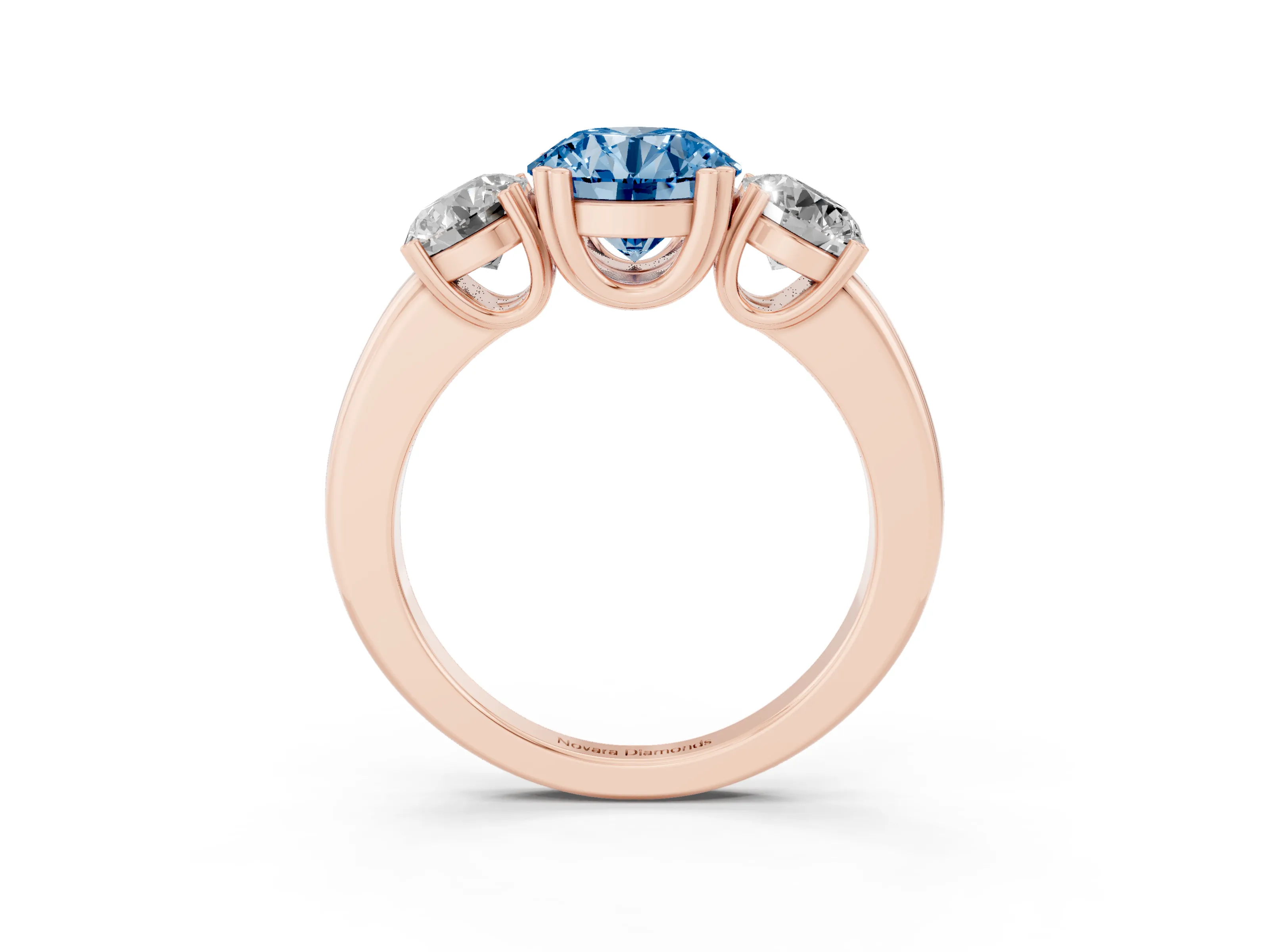 Fancy Blue Round Cut Diamond Three-Stone Ring Set in Rose gold with Polished Channel-Set Band