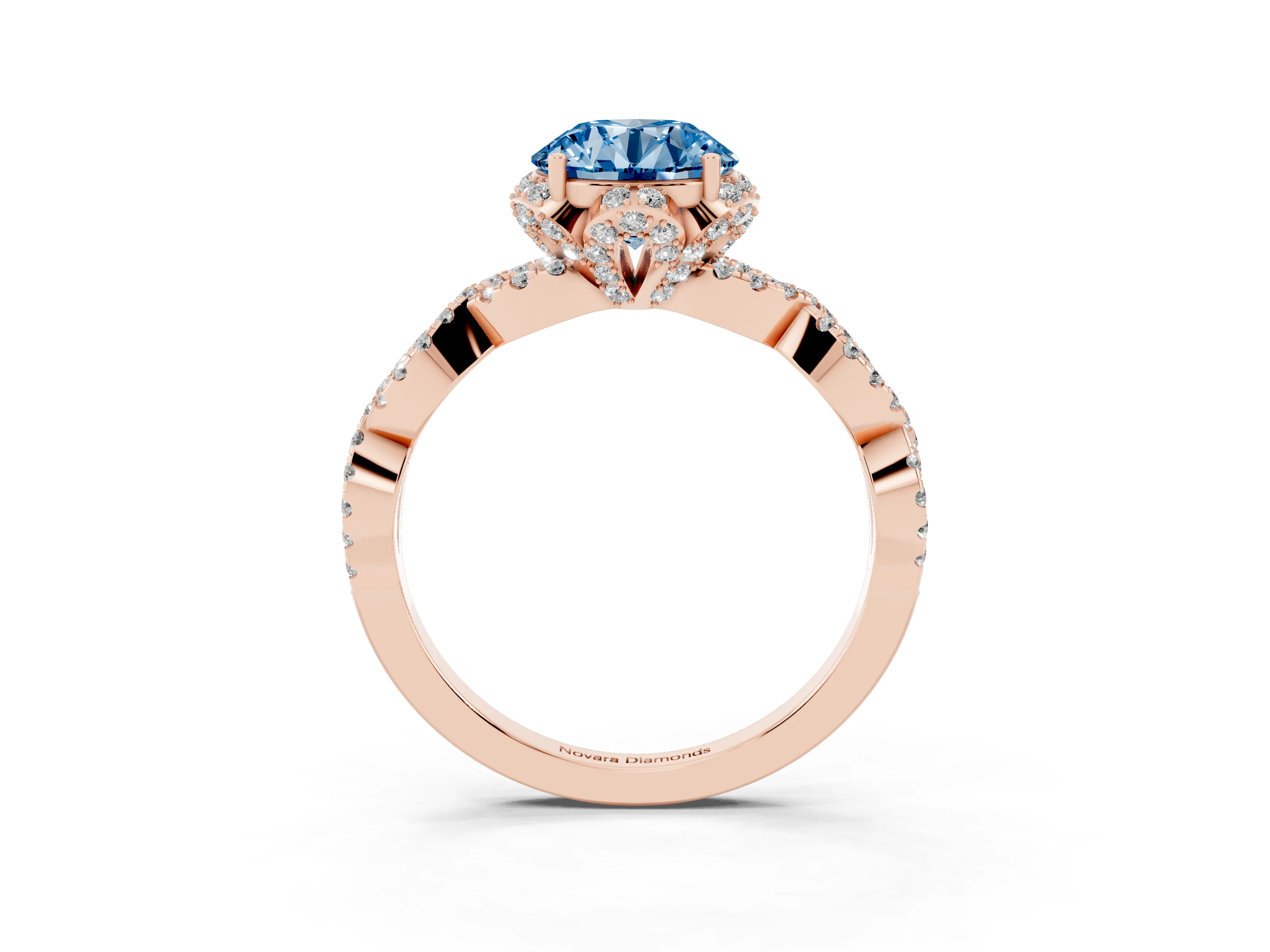 Fancy Blue Round Cut Diamond Halo Twist Band Solitaire Ring Set in Rose gold with Prong-Set Center Stone