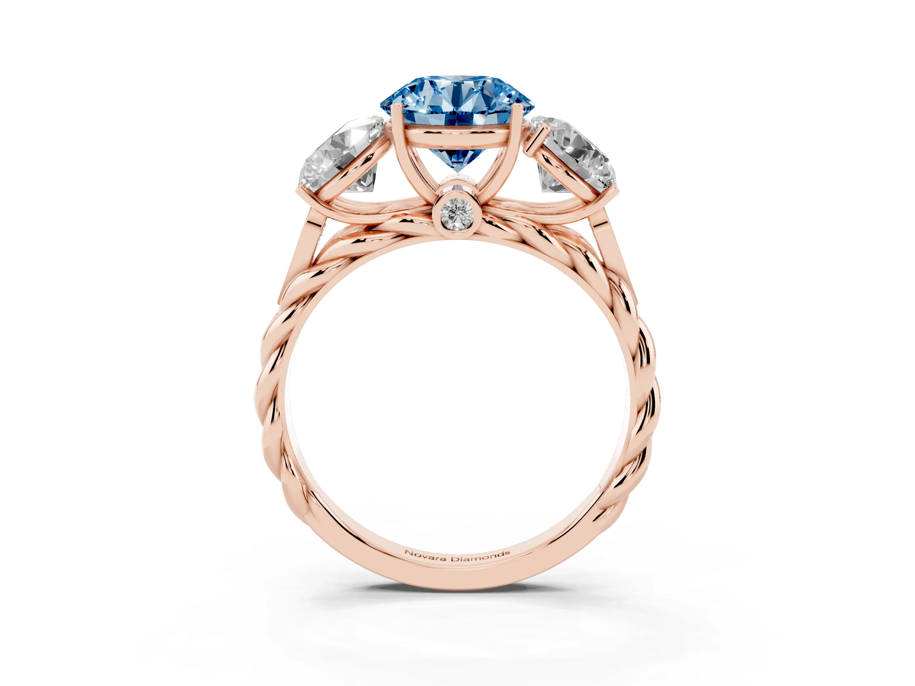 Fancy Blue Round Cut Diamond Three-Stone Ring Set in Rose gold with Braided Band