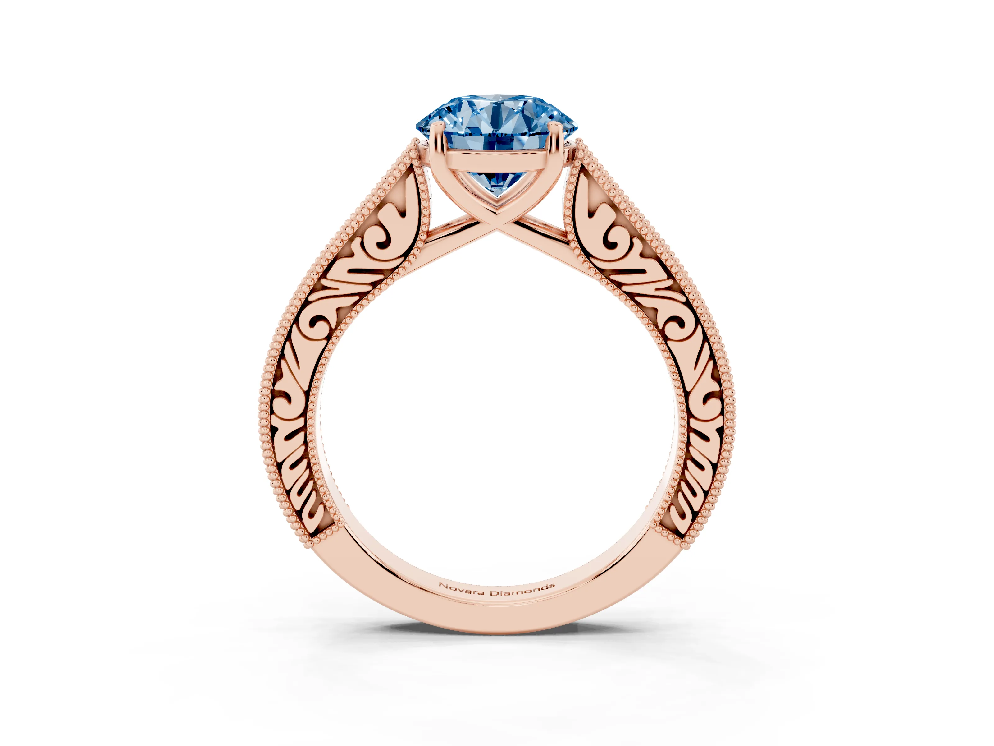 Fancy Blue Round Cut Diamond Milgrain Pavé Band Solitaire Ring Set in Rose gold with Prong Setting