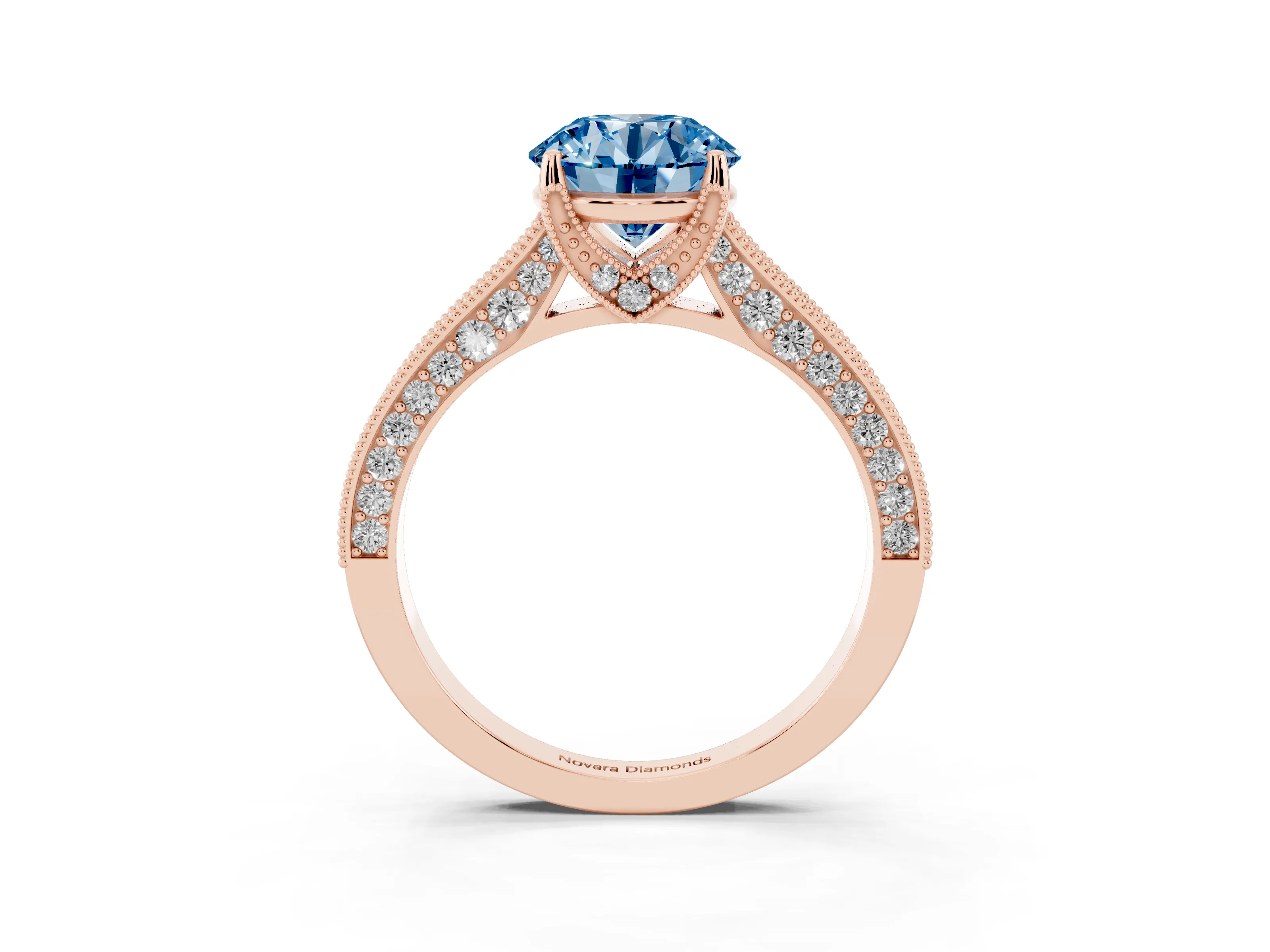 Fancy Blue Round Cut Diamond Solitaire Ring Set in Rose gold with Milgrain-Edged Pavé Band and Prong Setting