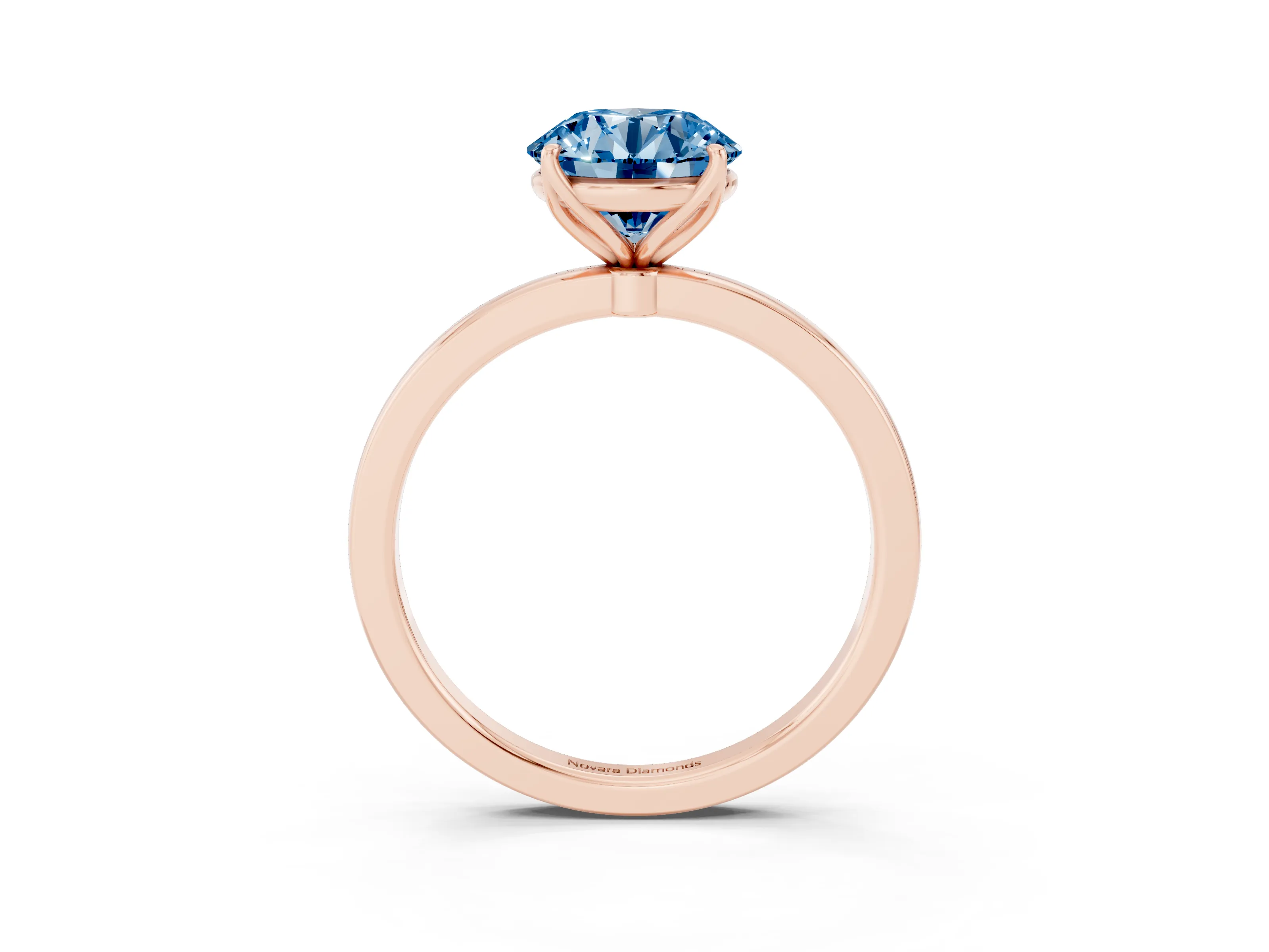 Fancy Blue Round Cut Diamond Solitaire Ring Set in Rose gold with Prong Setting and Thin Polished Band