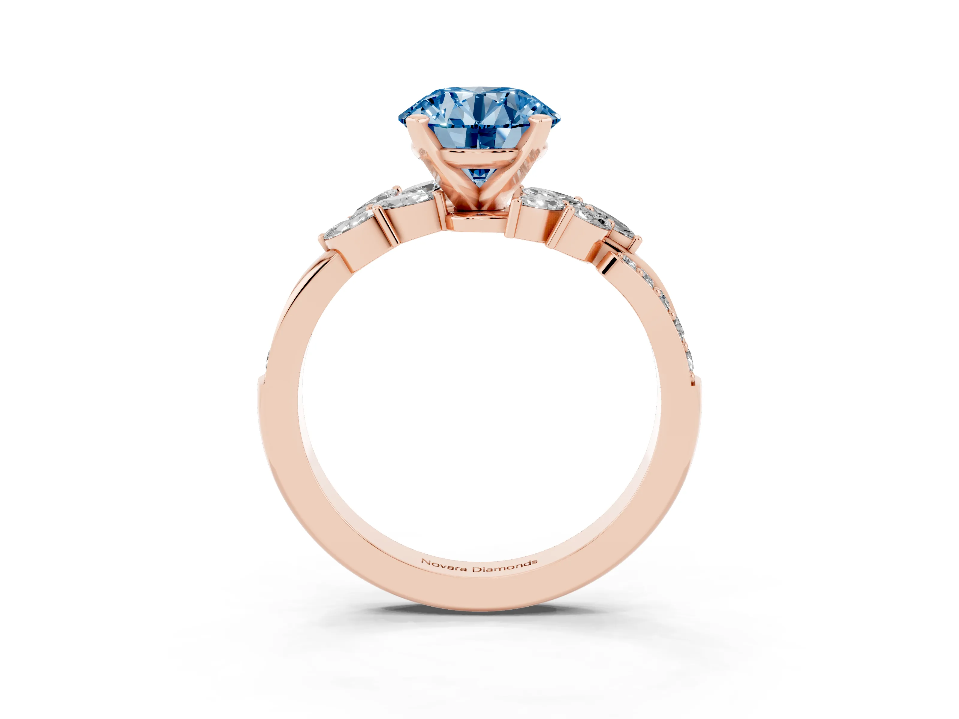 Fancy Blue Round Cut Diamond Solitaire Ring Set in Rose gold with Marquise Twist Band and Prong Setting