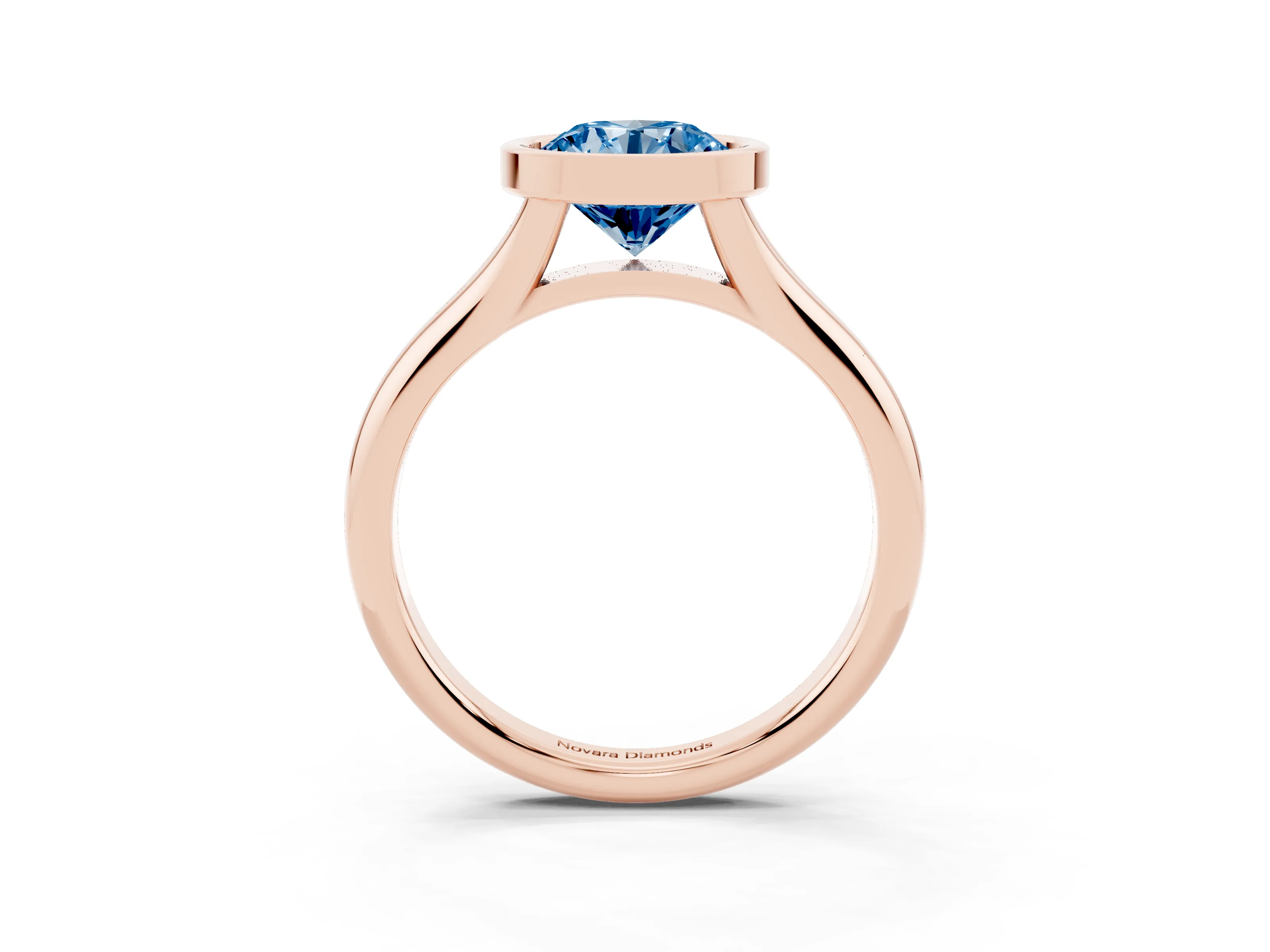 Fancy Blue Bezel Set Round Cut Diamond Solitaire Ring Set in Rose gold with Smooth Band