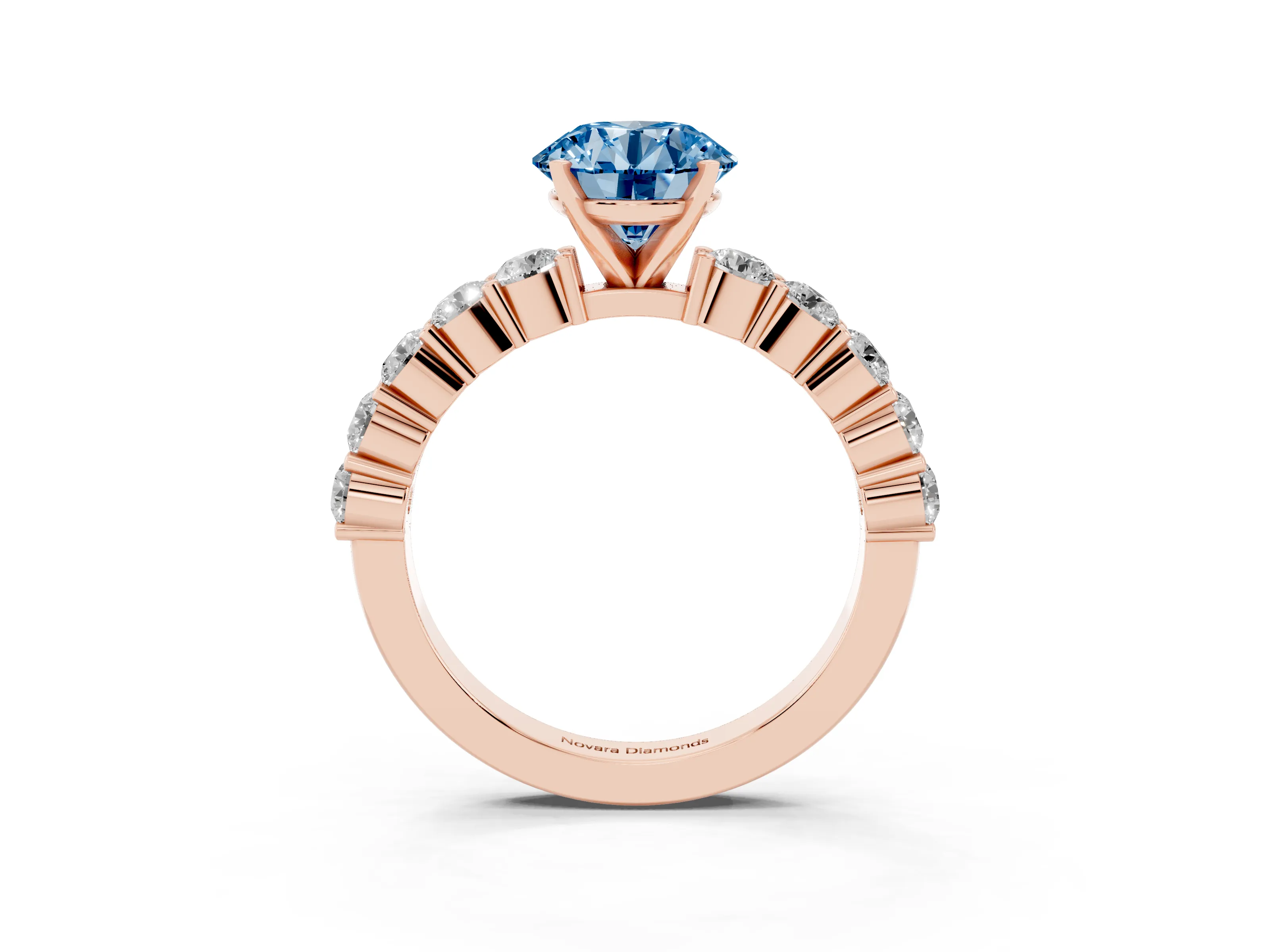 Fancy Blue Round Cut Diamond Solitaire Ring Set in Rose gold with Shared Prong Round Side Stones