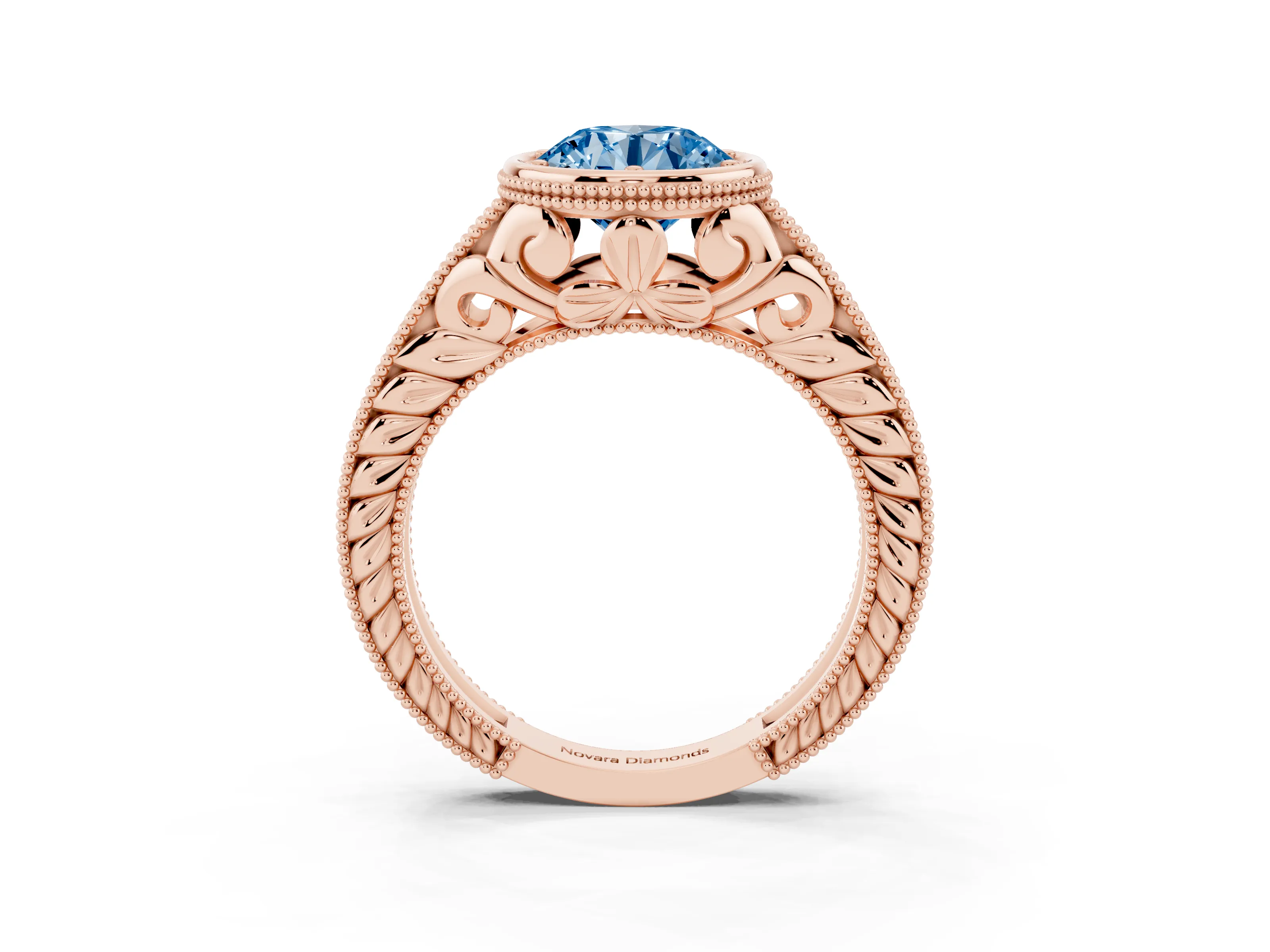 Fancy Blue Bezel Set Round Cut Diamond Milgrain Pavé Engagement Ring Set in Rose gold