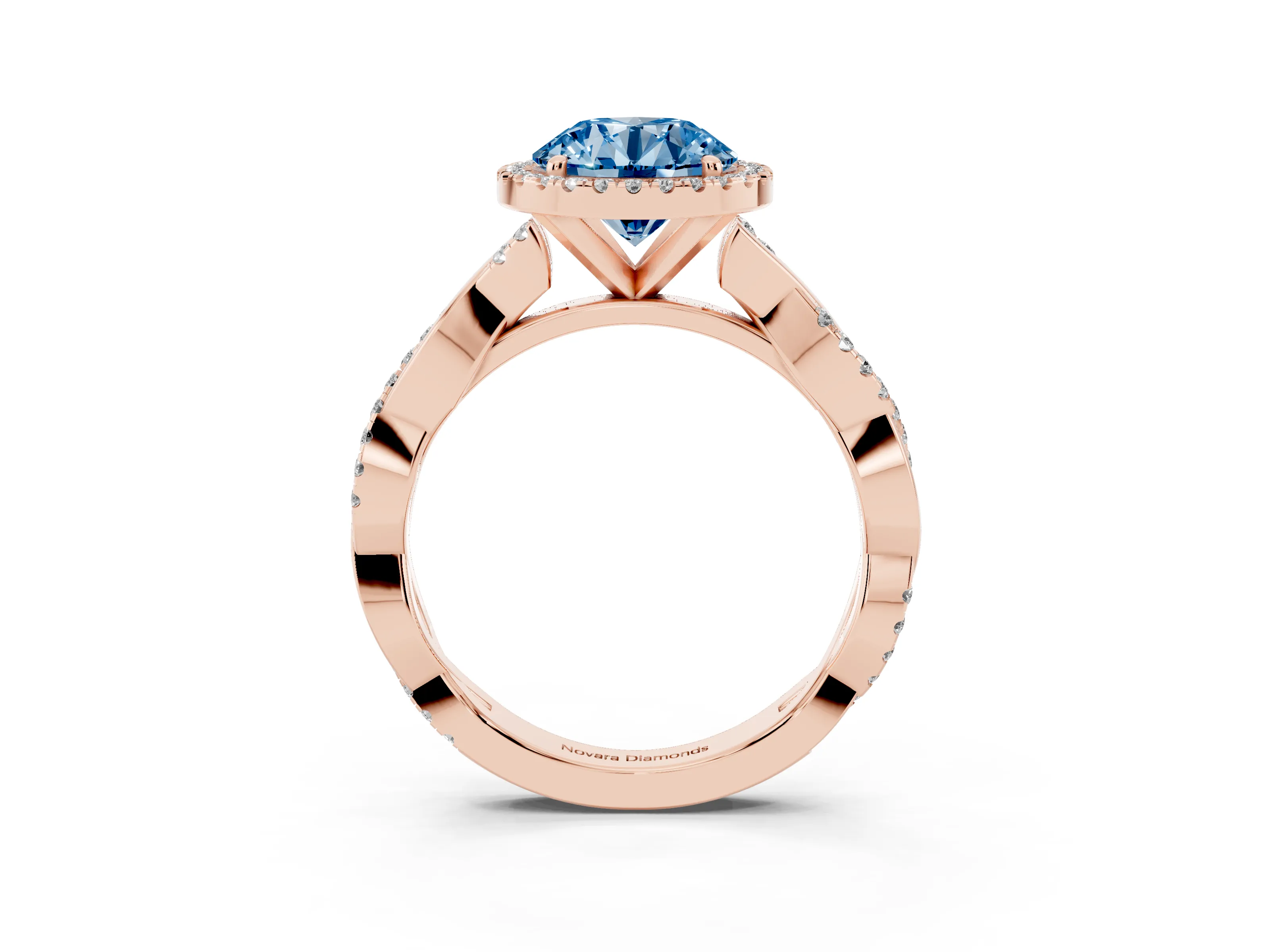 Fancy Blue Round Cut Diamond Halo Twisted Band Ring Set in Rose gold with Prong Setting