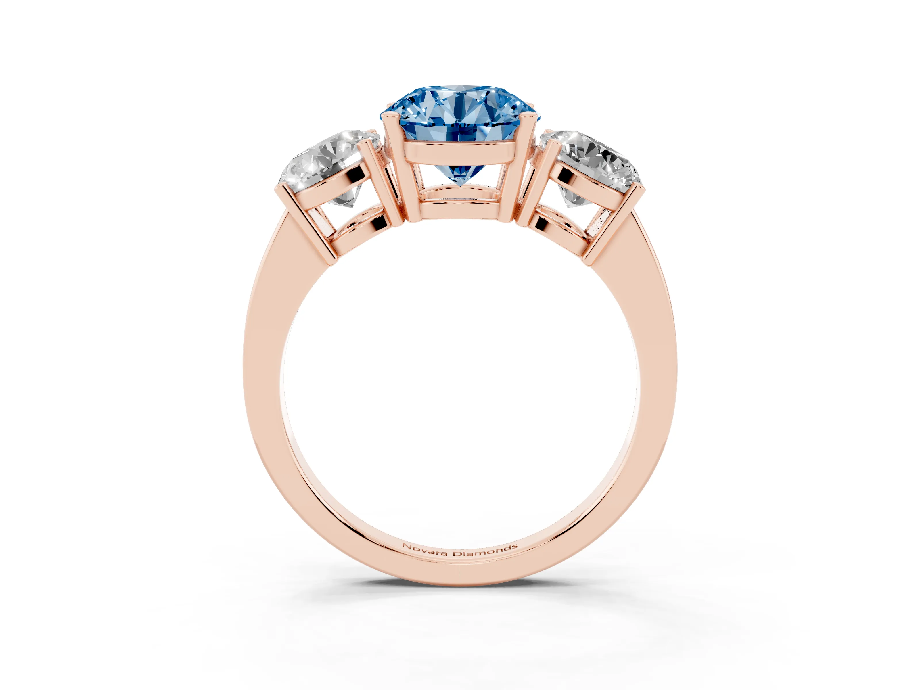 Fancy Blue Round Cut Diamond Three-Stone Engagement Ring Set in Rose gold with Flat Band