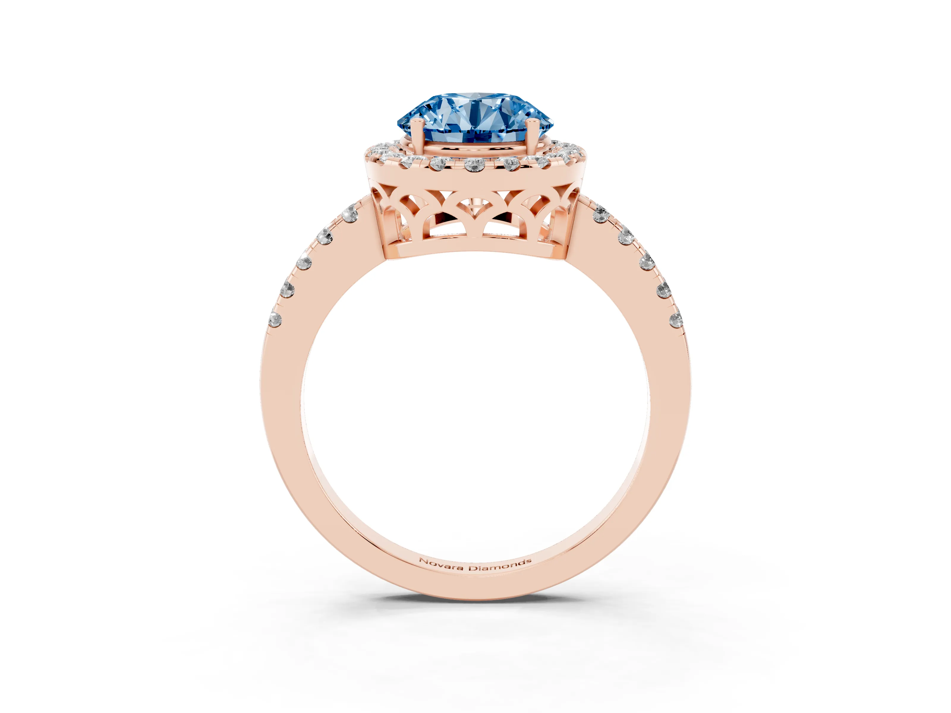 Fancy Blue Round Cut Diamond Pavé Band Halo Engagement Ring Set in Rose gold with Prong Setting