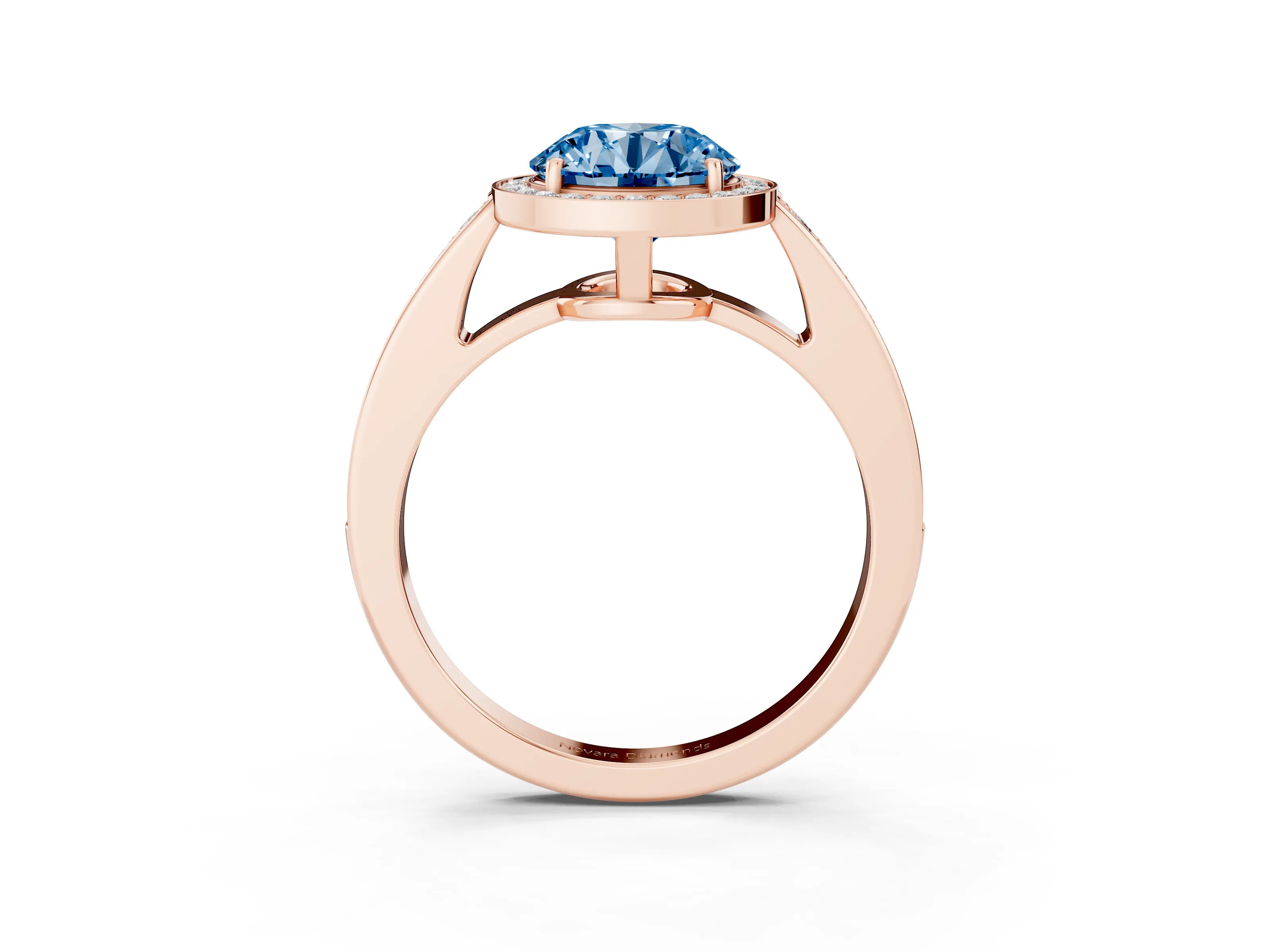 Fancy Blue Round Cut Diamond Halo Pavé Engagement Ring Set in Rose gold with Bezel Setting