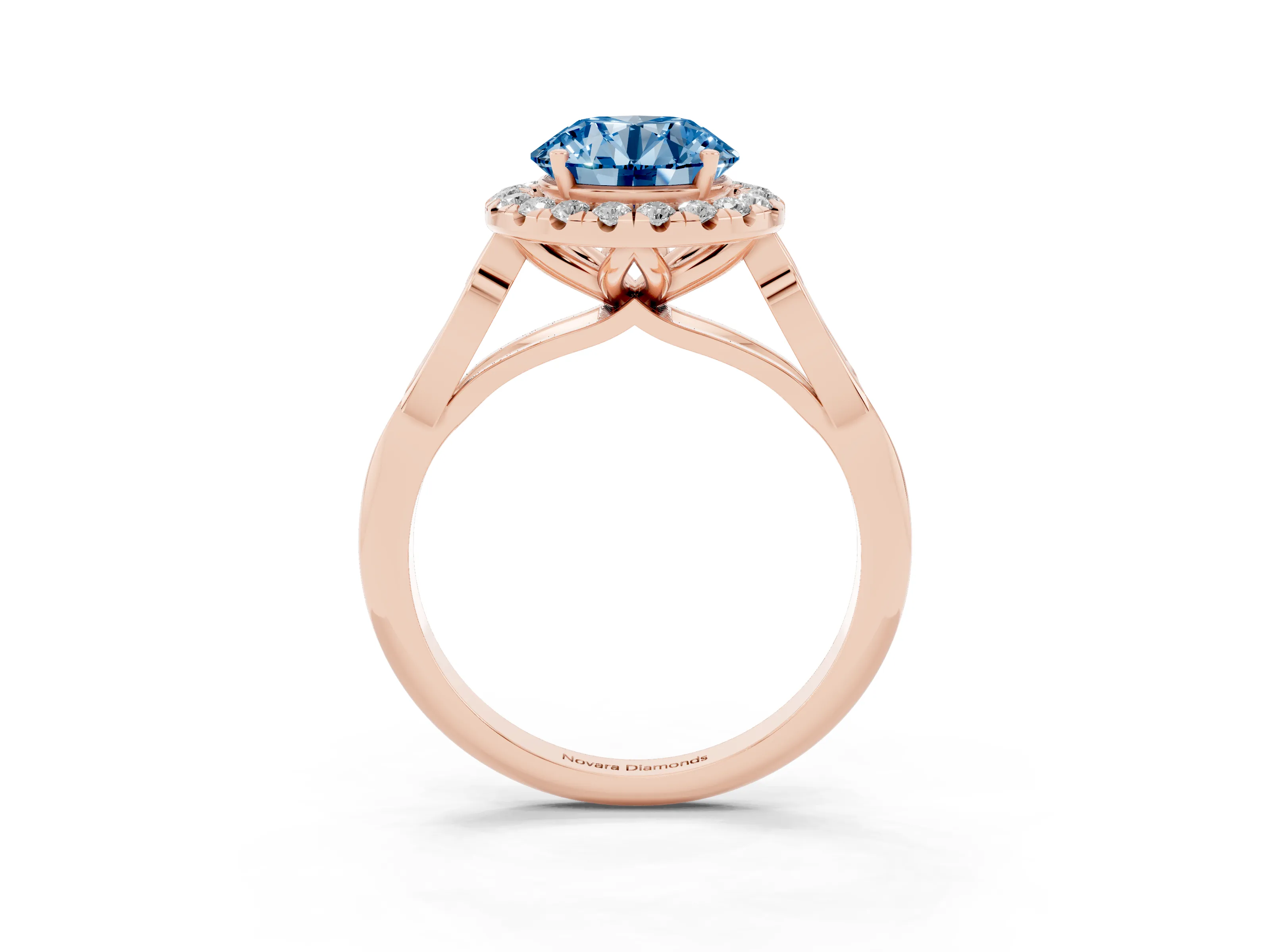 Fancy Blue Round Cut Diamond Halo Engagement Ring Set in Rose gold with Filigree Band and Prong-Set Center