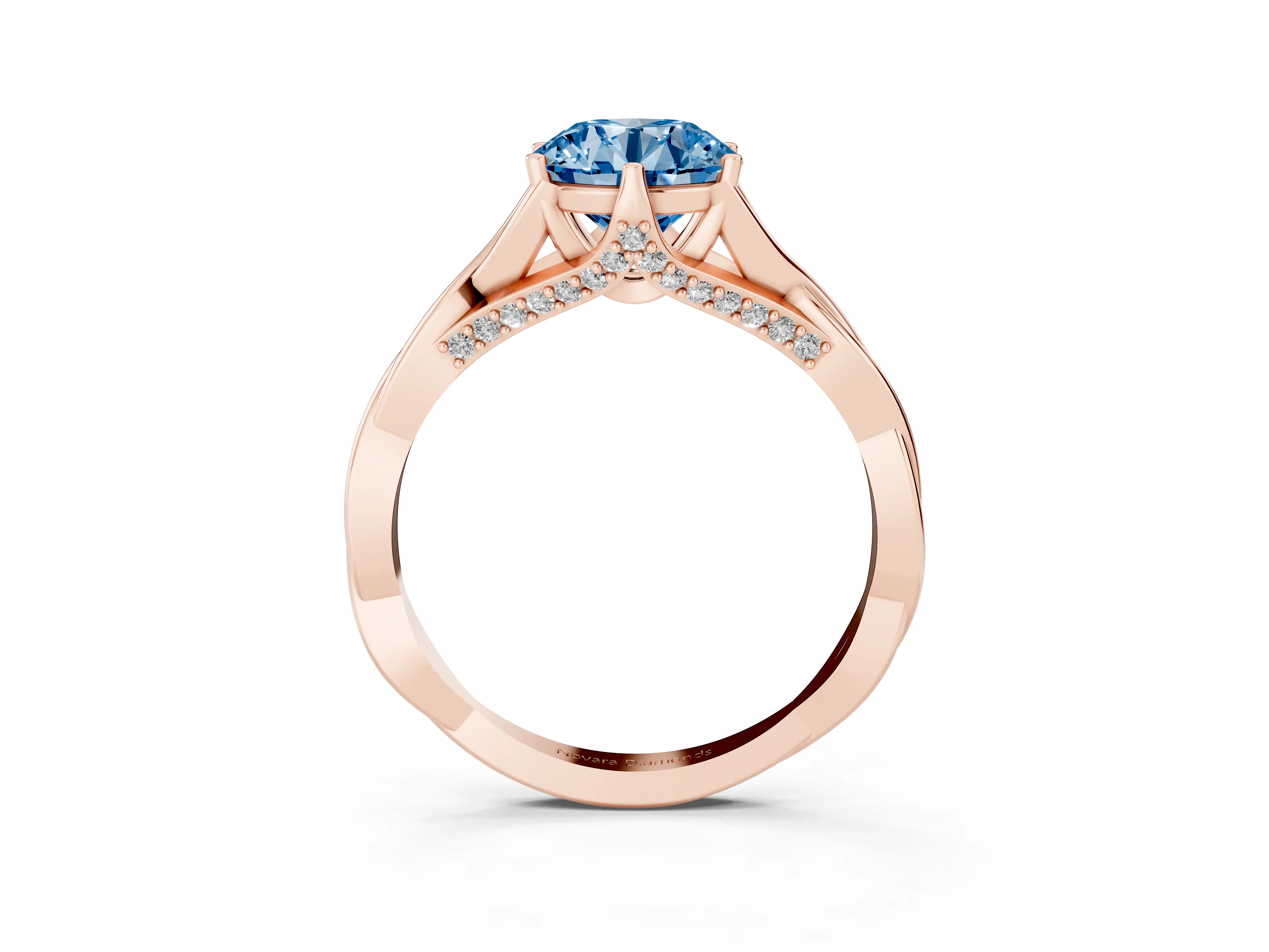 Fancy Blue Round Cut Diamond Intertwined Twist Band Solitaire Ring Set in Rose gold with Prong Setting
