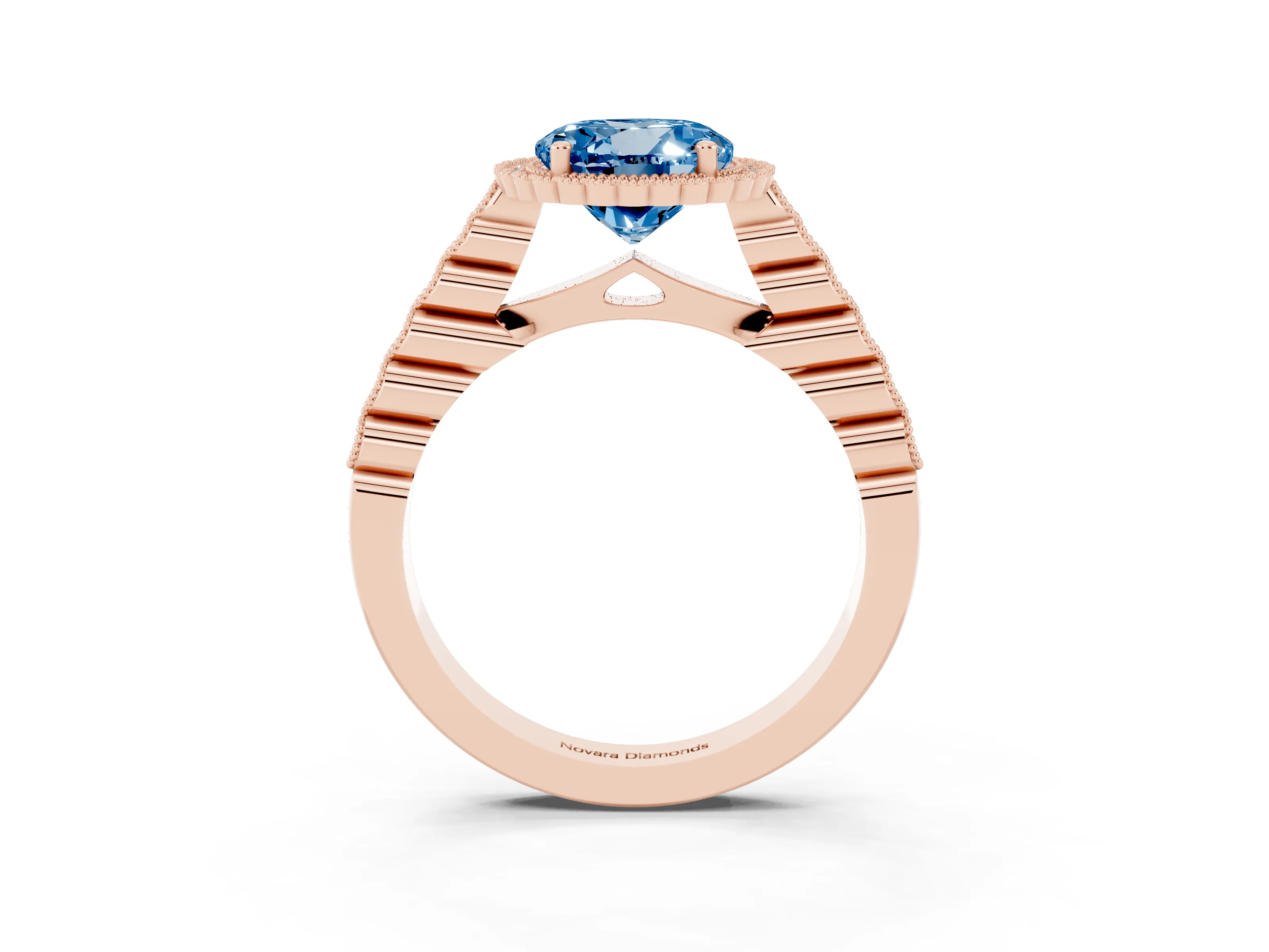 Fancy Blue Round Cut Diamond Halo Ring Set in Rose gold with Pavé Milgrain Band