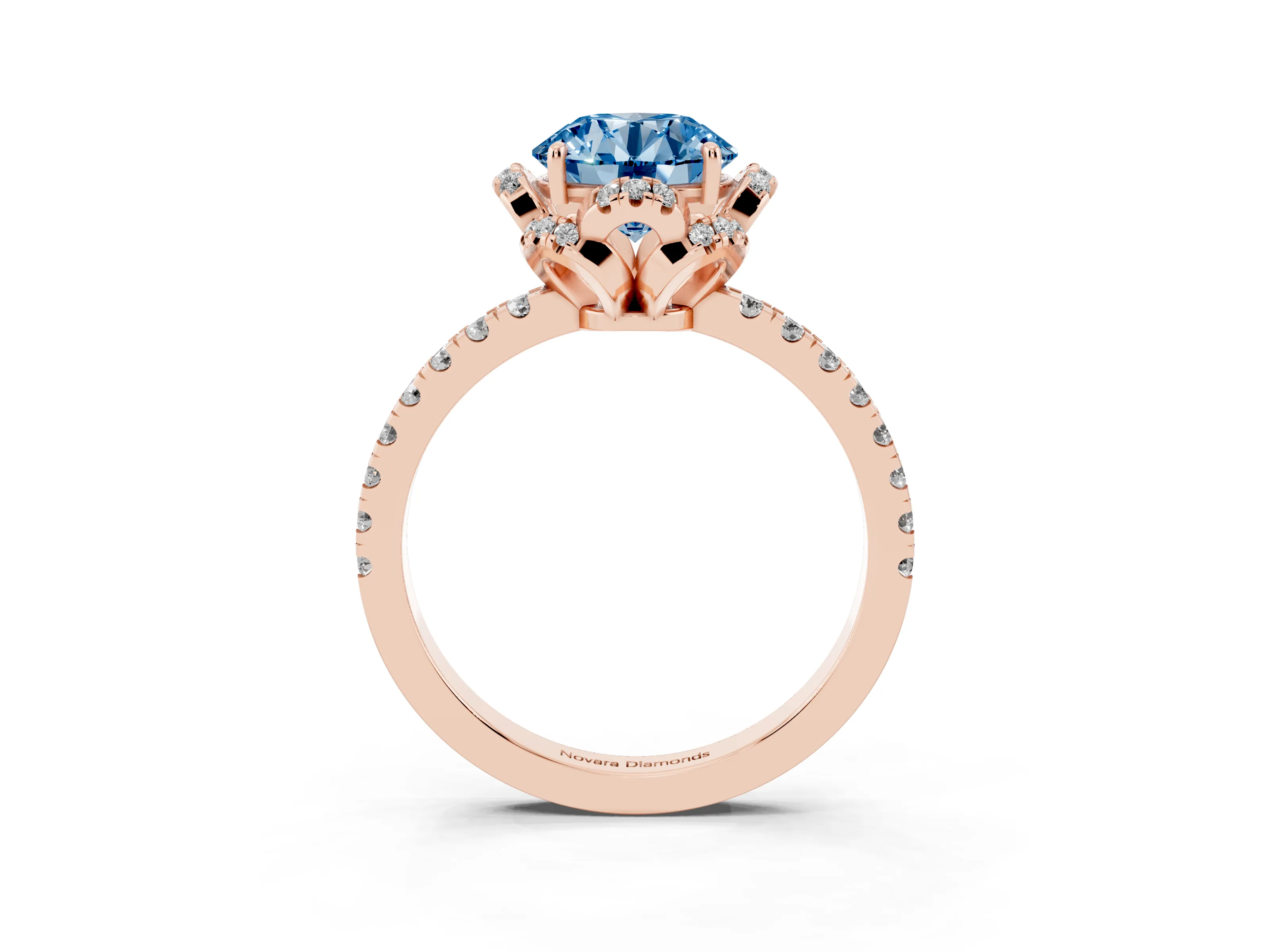 Fancy Blue Round Cut Diamond Halo Pavé Band Ring Set in Rose gold with Prong-Held Center